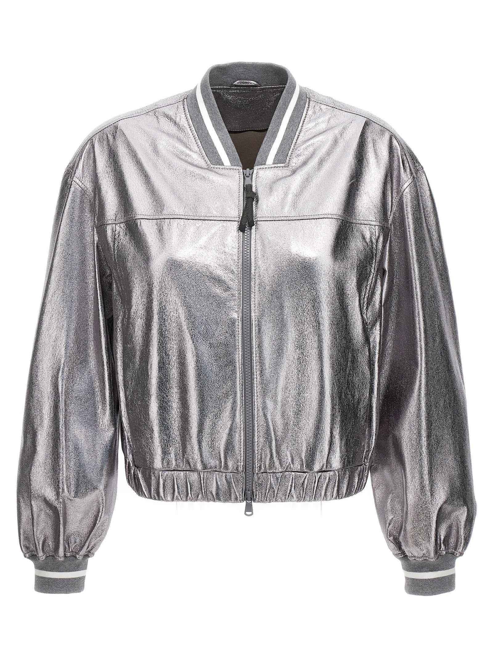 Brunello Cucinelli Silver Leather Bomber
