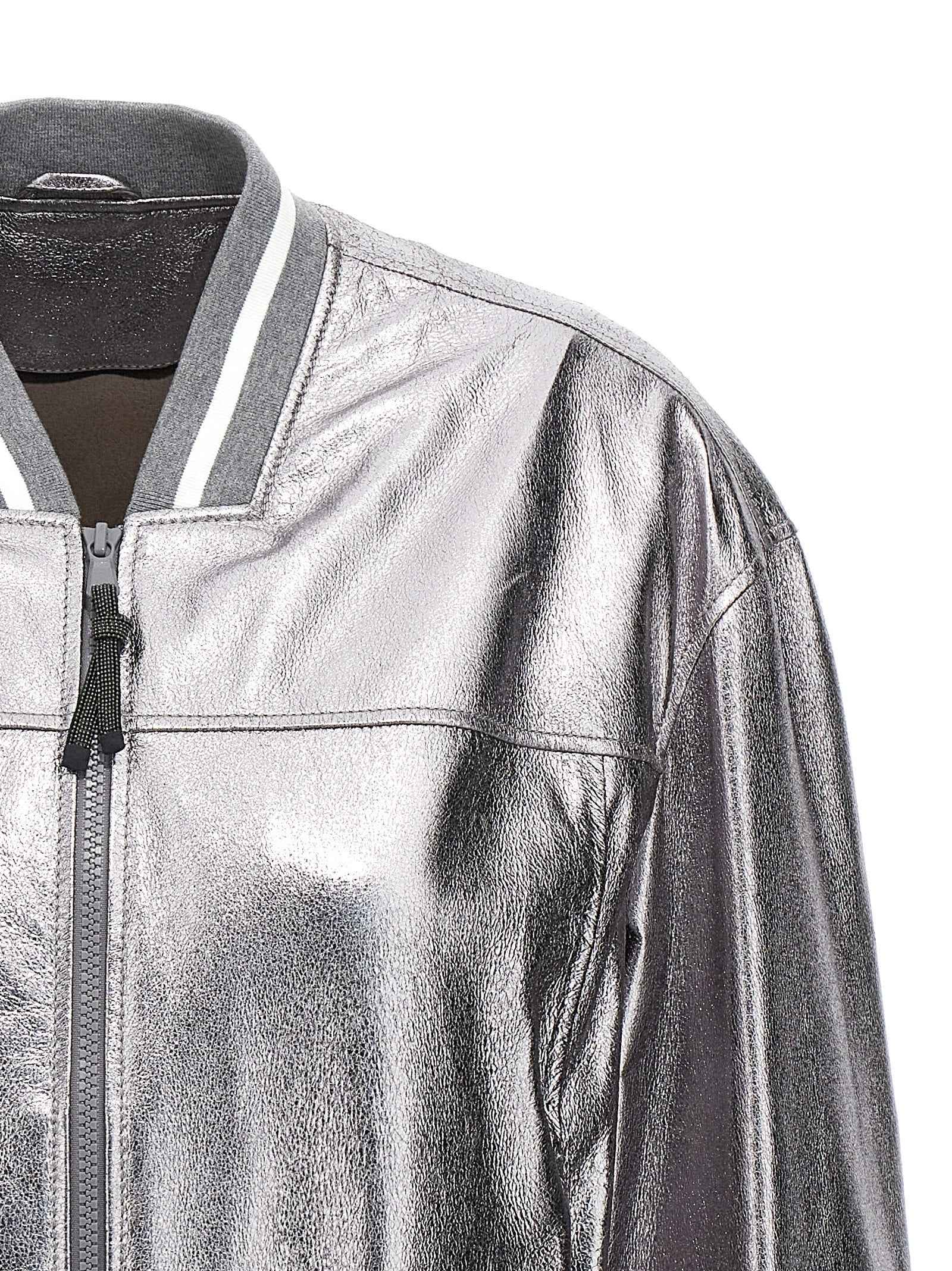 Brunello Cucinelli Silver Leather Bomber