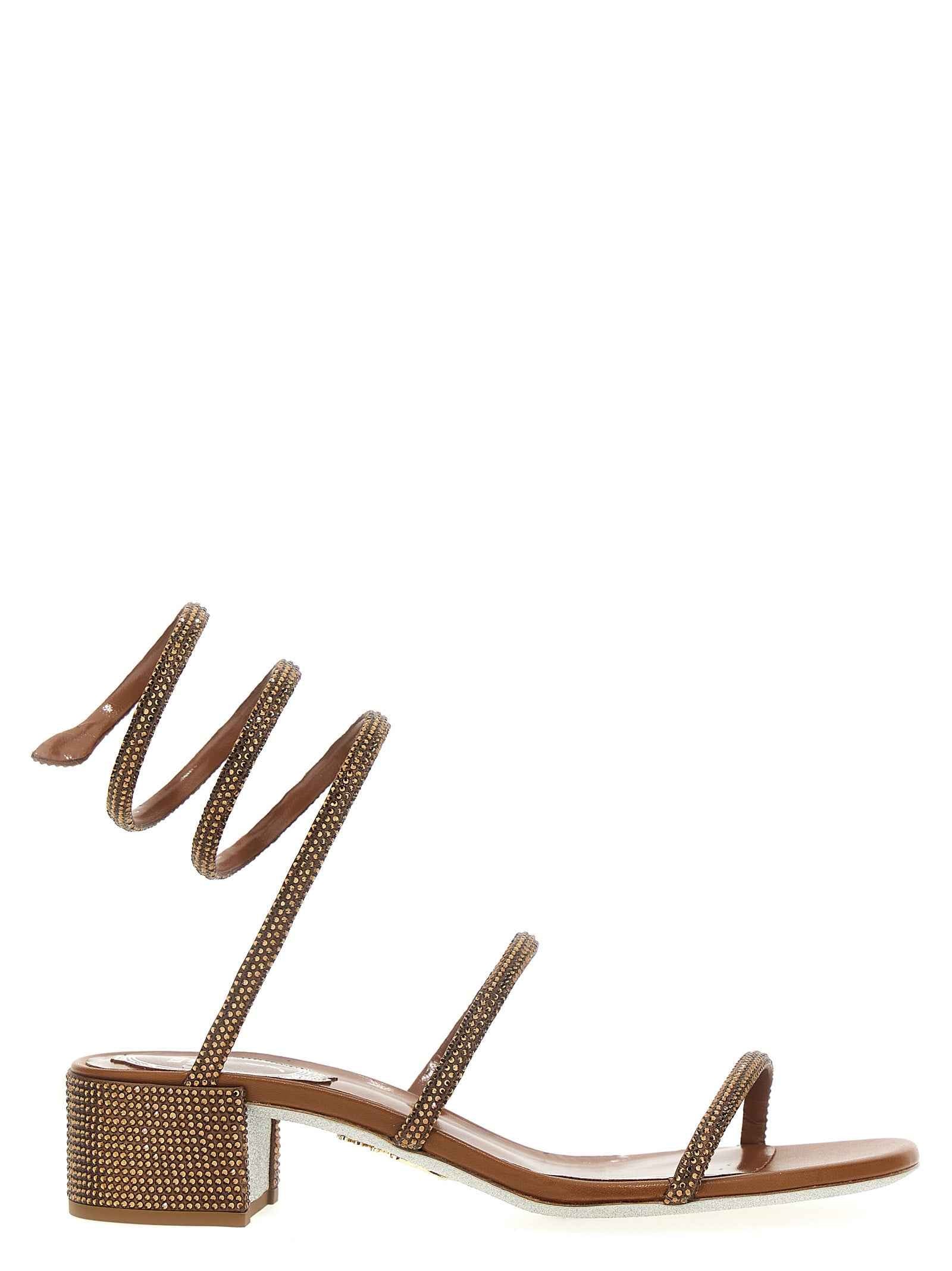 RENE CAOVILLA Brown Satin Flat Sandals