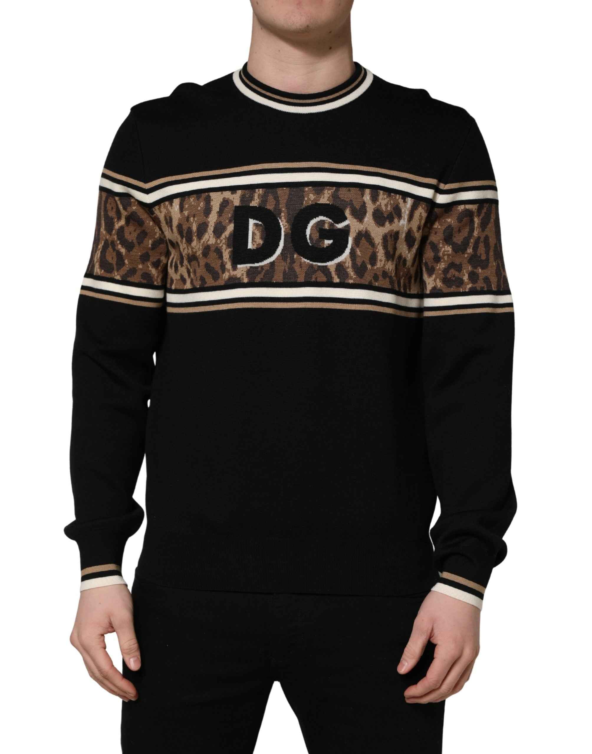 Dolce & Gabbana Black Leopard Wool Crew Neck Men Pullover Sweater