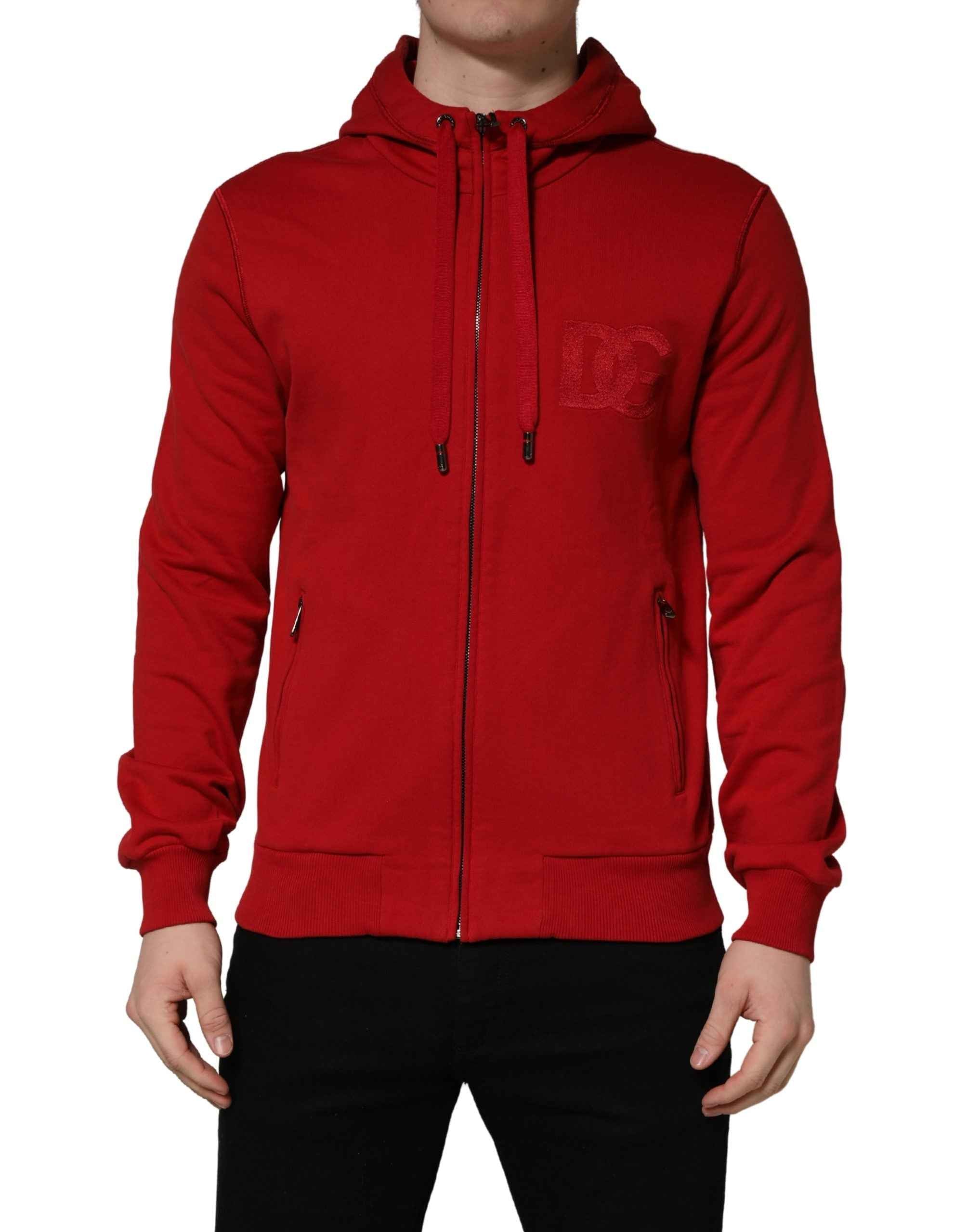 Dolce & Gabbana Red Embroidered Logo Hooded Full Zip Sweater