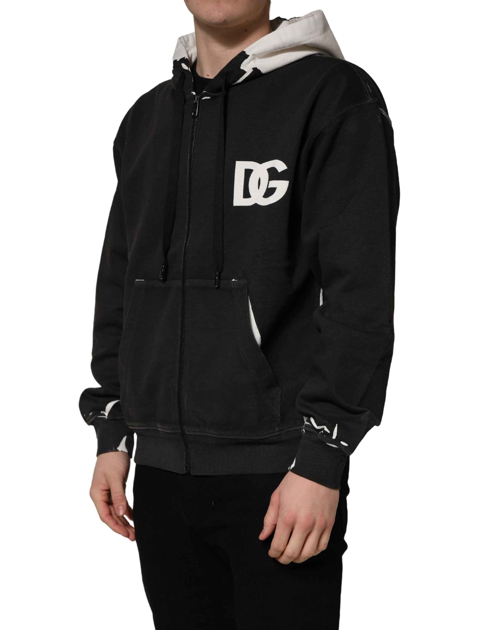 Dolce & Gabbana Black Cotton Logo Hooded Full Zip Sweater
