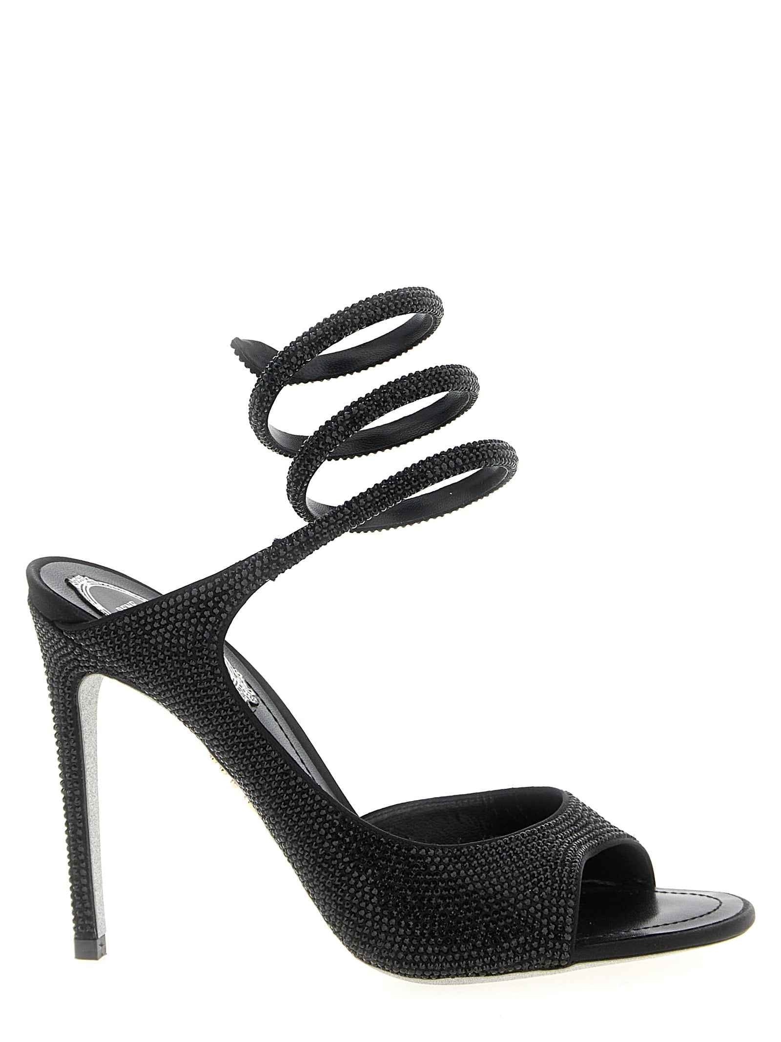 RENE CAOVILLA Black Satin Stiletto Heel Sandals