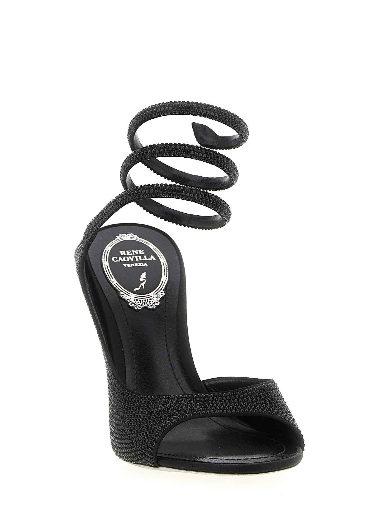 RENE CAOVILLA Black Satin Stiletto Heel Sandals
