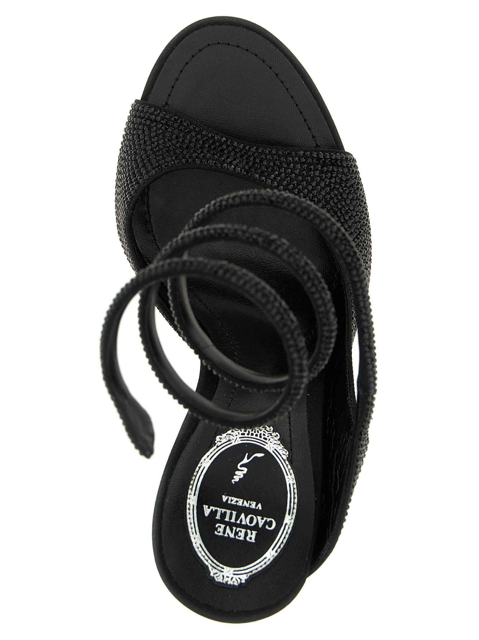 RENE CAOVILLA Black Satin Stiletto Heel Sandals