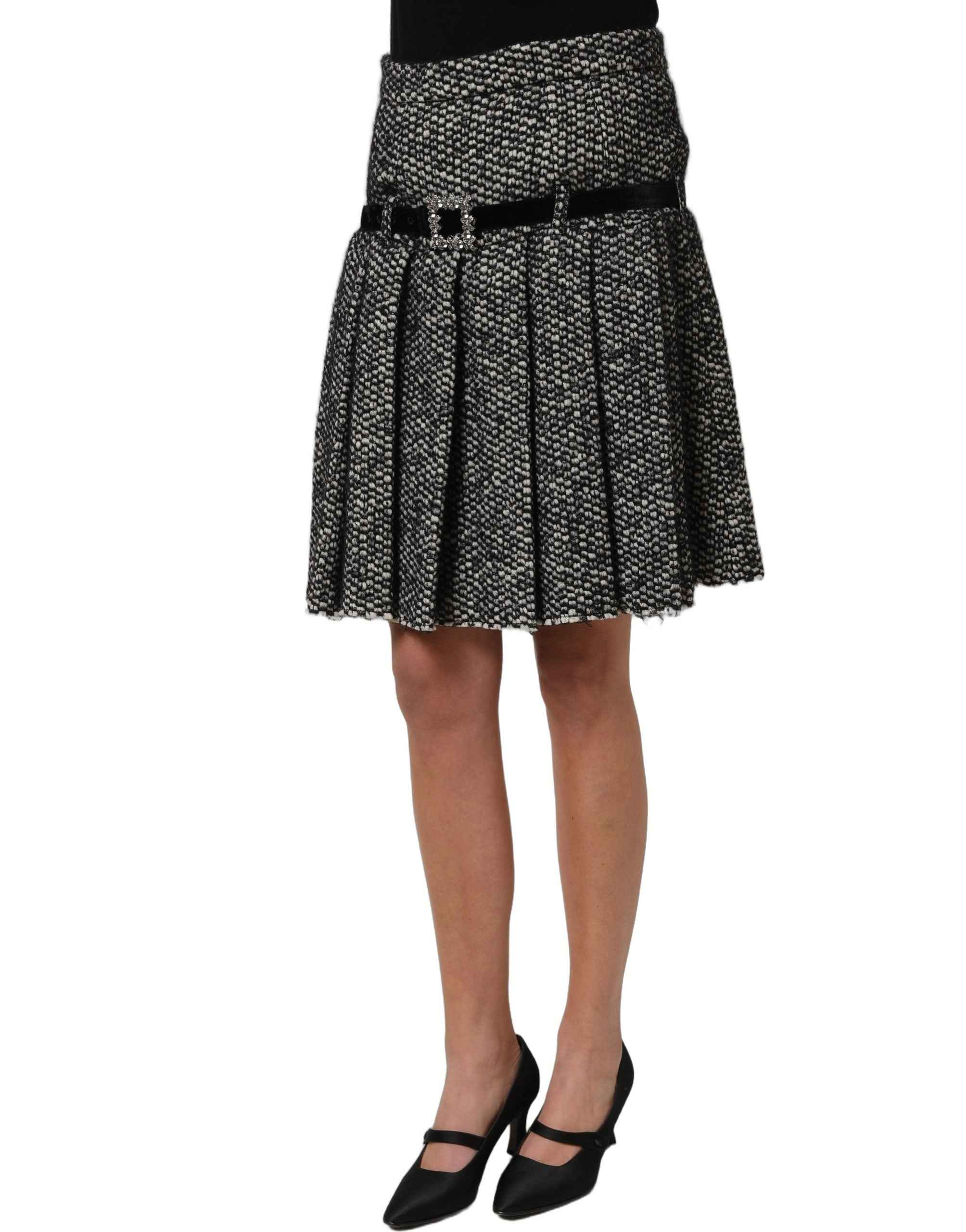 Dolce & Gabbana Black White Tweed High Waist Pleated Skirt