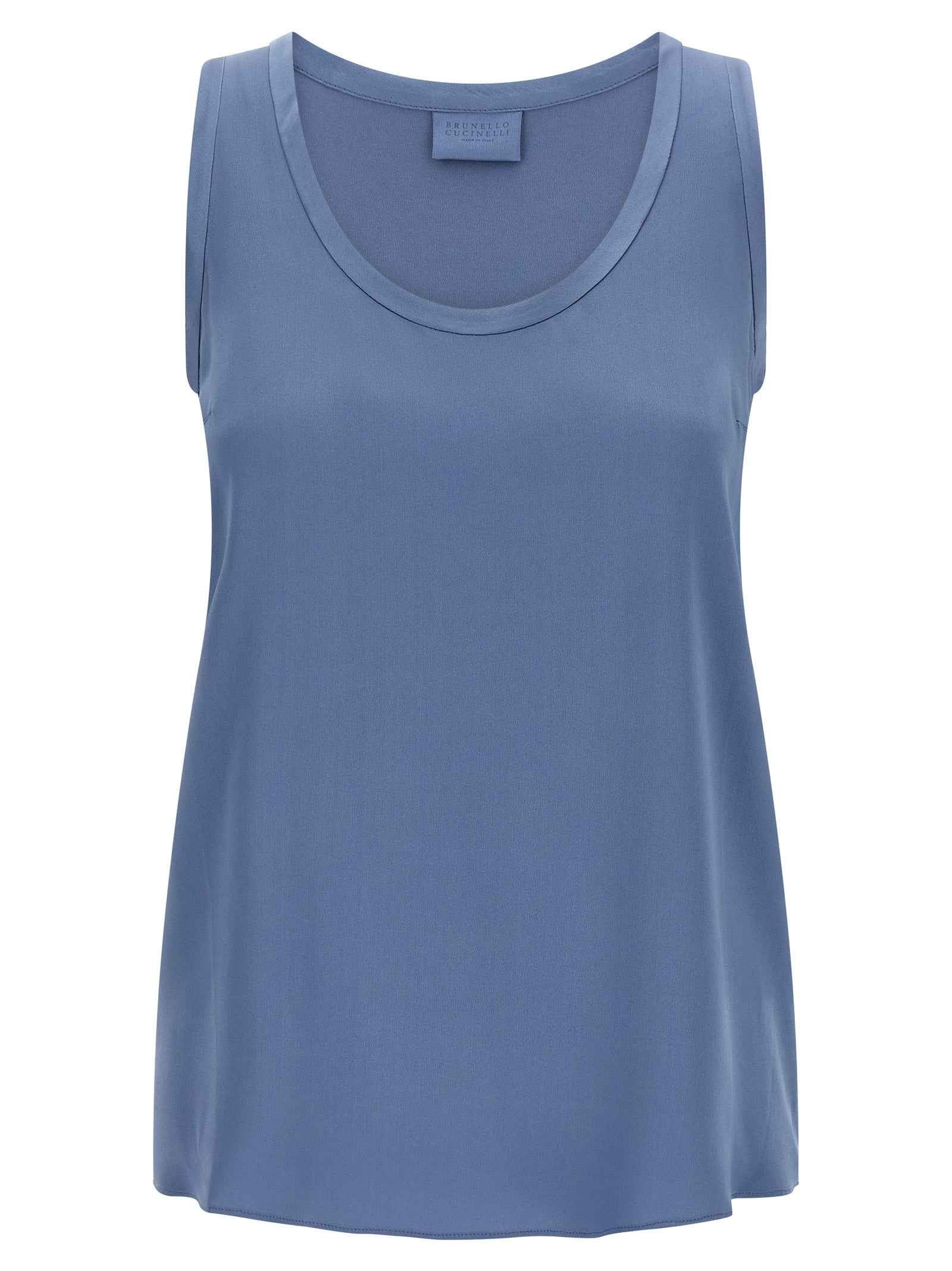 Brunello Cucinelli Blue Silk Sleeveles T-Shirt