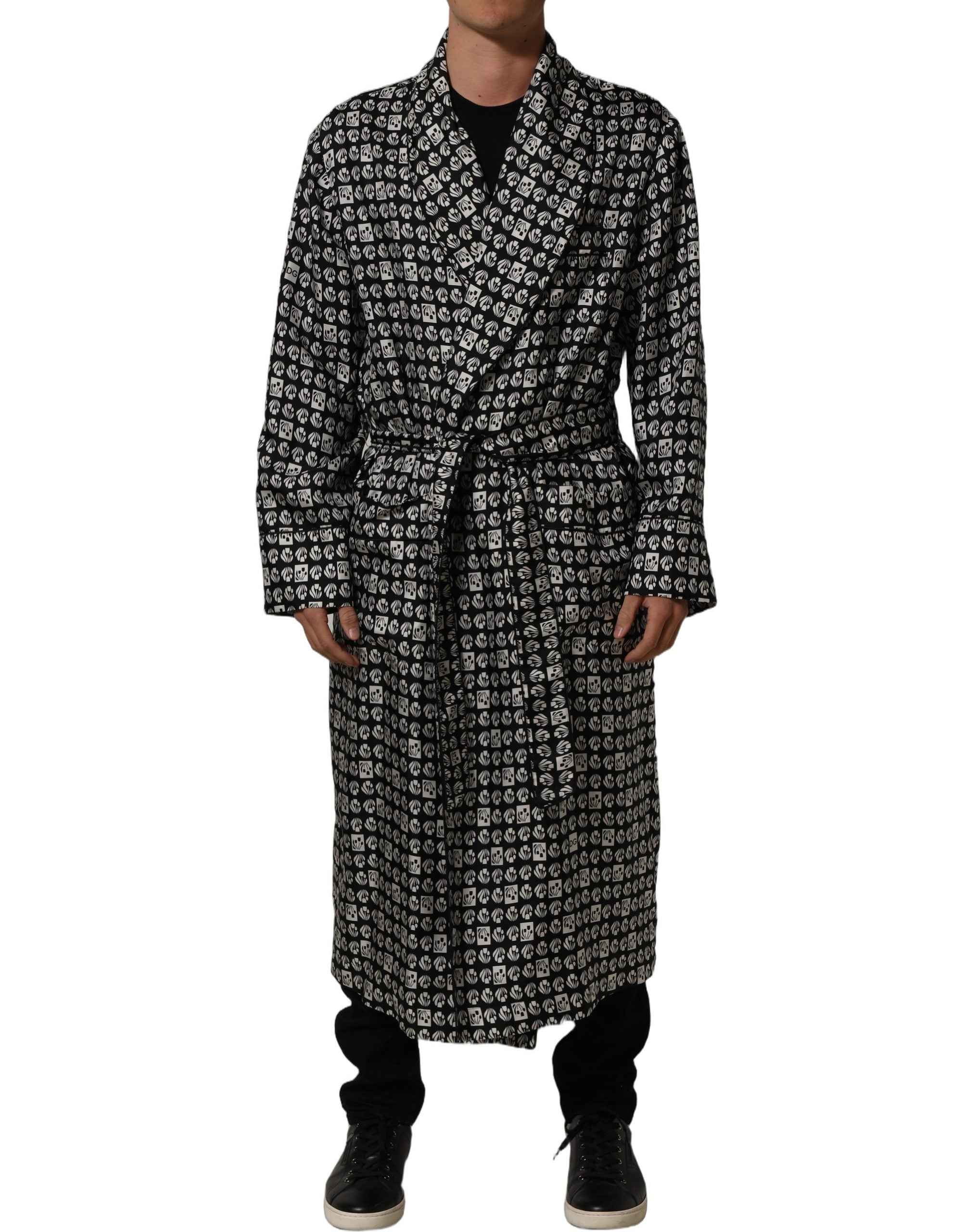 Dolce & Gabbana Black White Silk Men Wrap Robe Coat Jacket