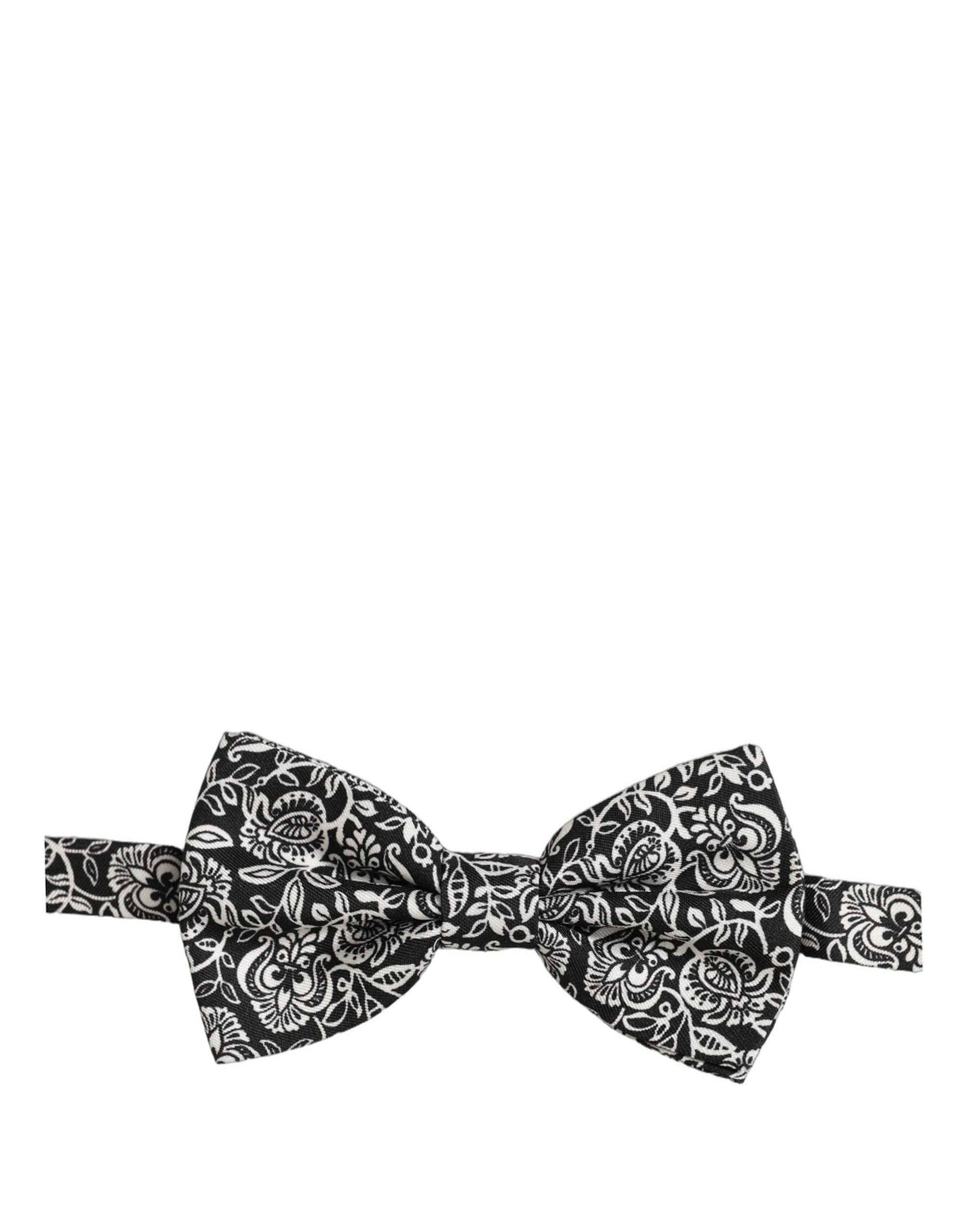 Dolce & Gabbana Tie Black White Paisley Silk Adjustable Neck Papillon Bow