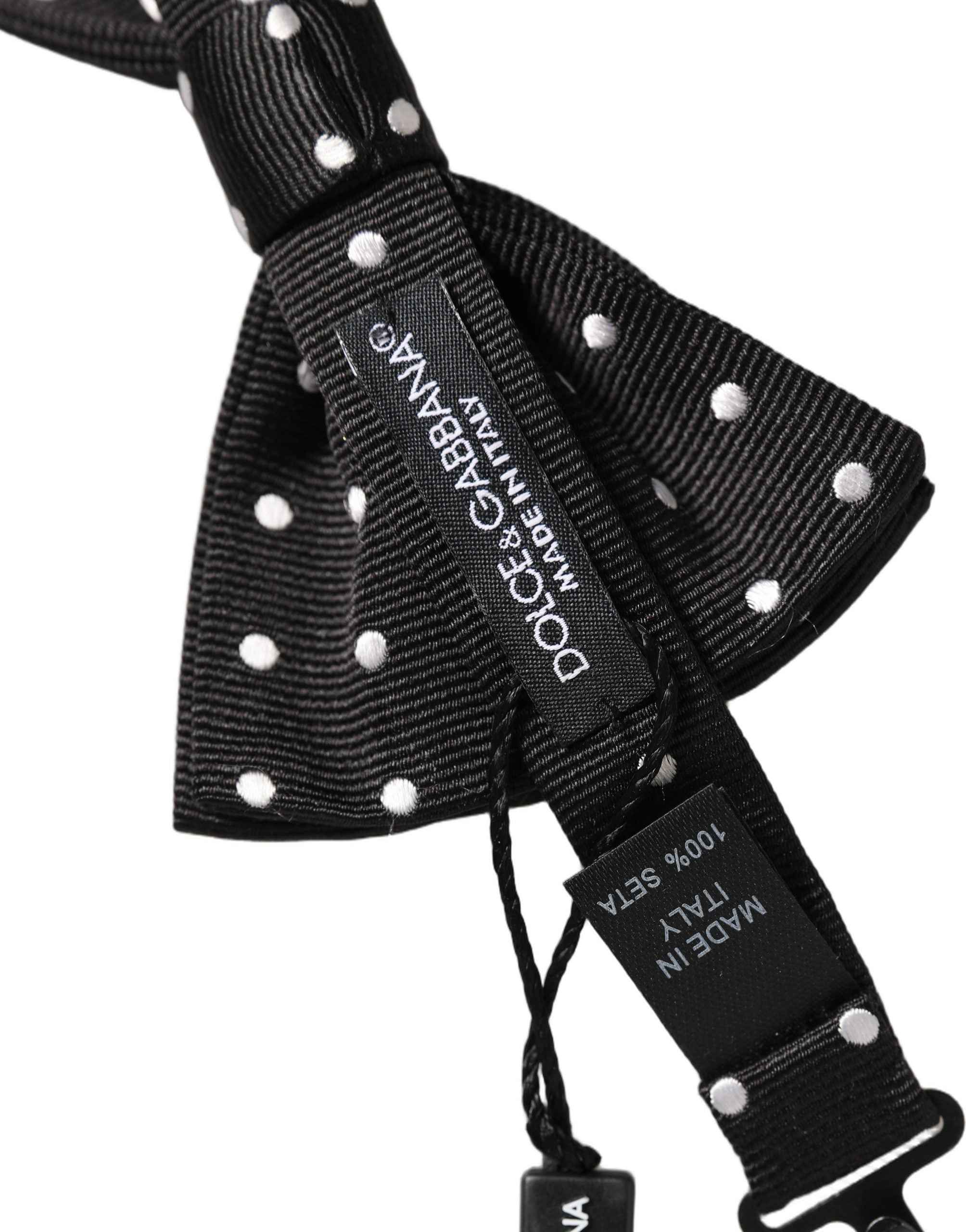 Dolce & Gabbana Black White Polka Dot Adjustable Neck Papillon Bow Tie
