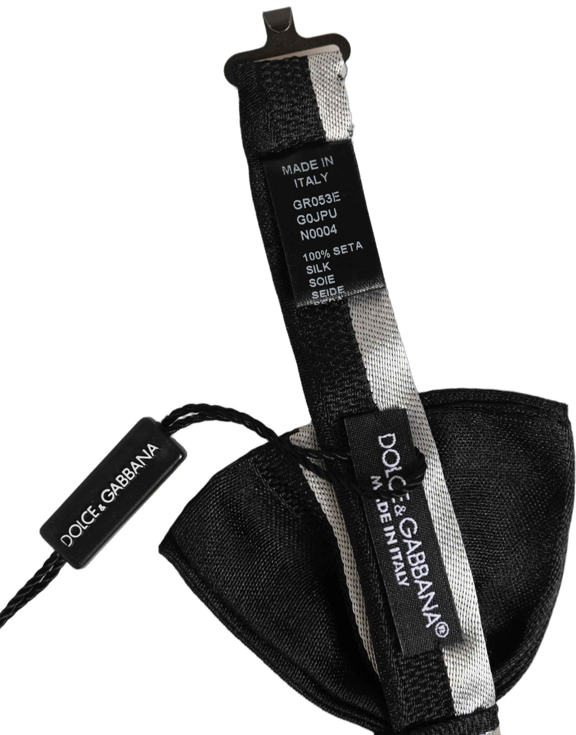 Dolce & Gabbana Black Silver 100% Silk Adjustable Neck Papillon Bow Tie