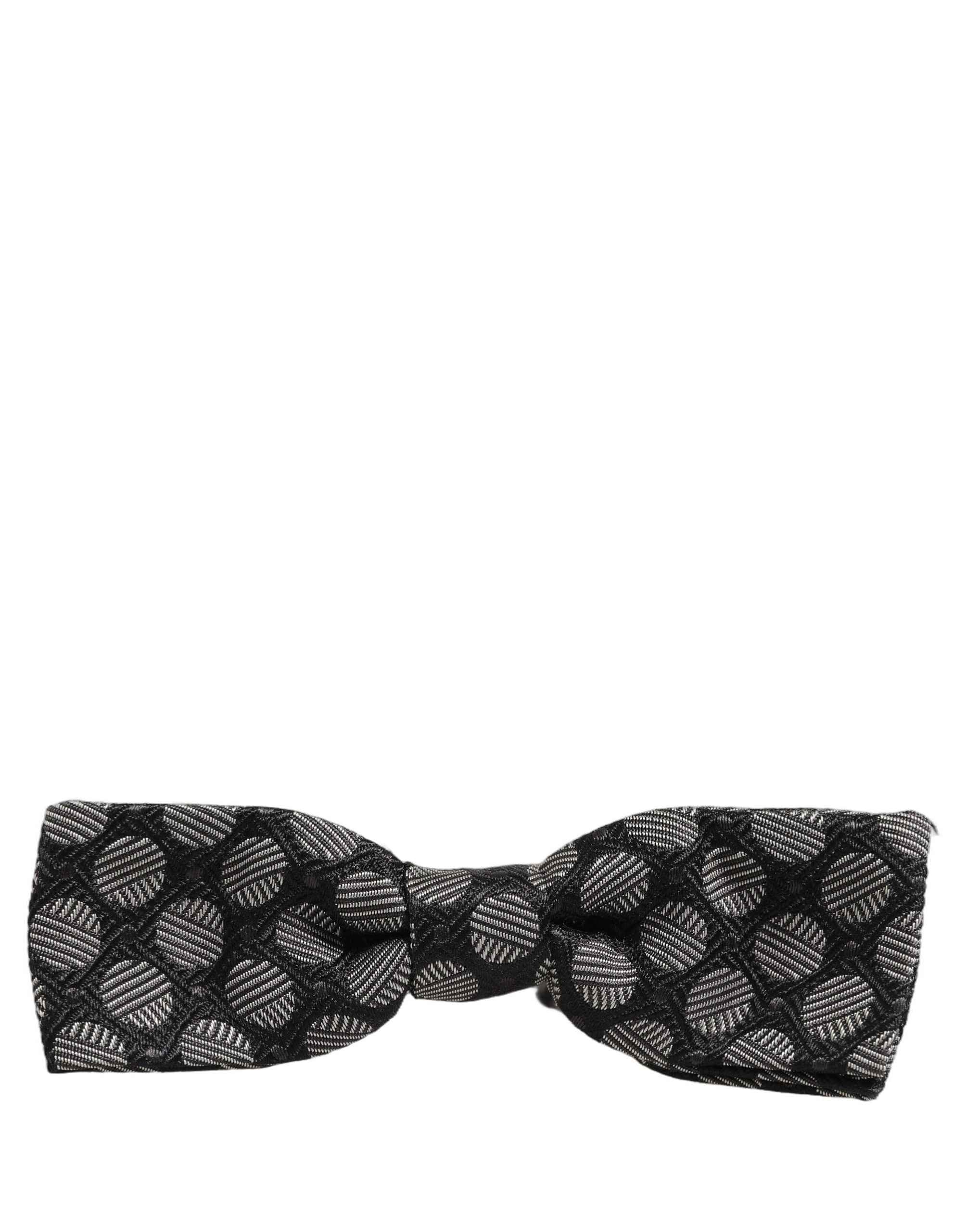 Dolce & Gabbana Black White Geometric Silk Adjustable Neck Papillon Bow Tie