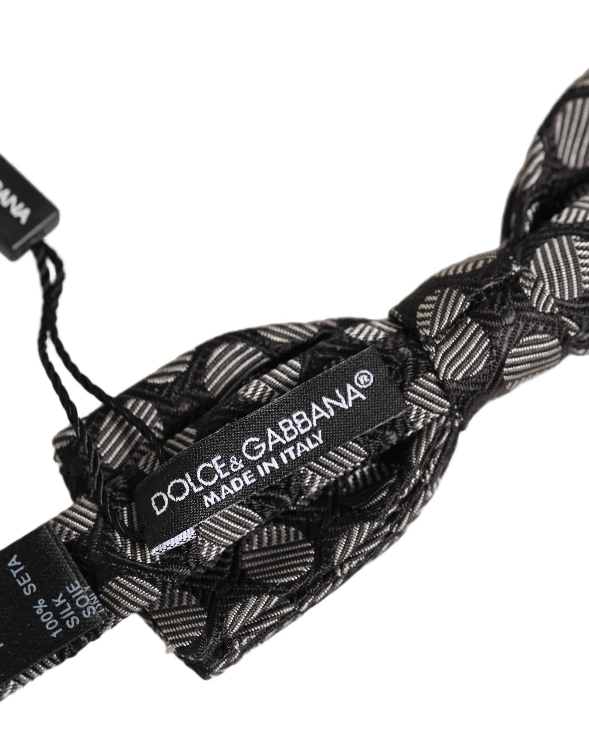 Dolce & Gabbana Black White Geometric Silk Adjustable Neck Papillon Bow Tie