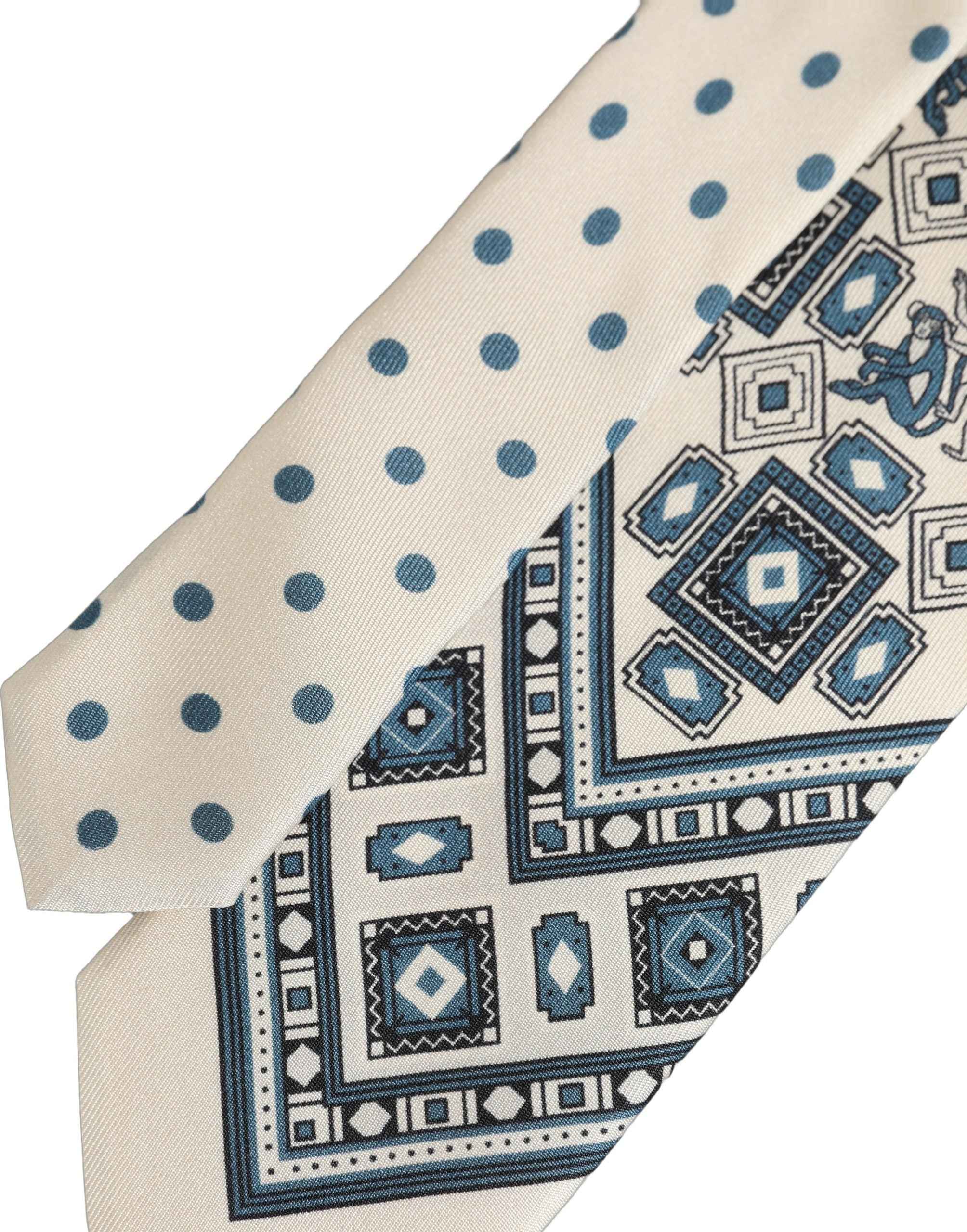 Dolce & Gabbana Men Off White Blue Geometric Adjustable Tied Necktie Tie