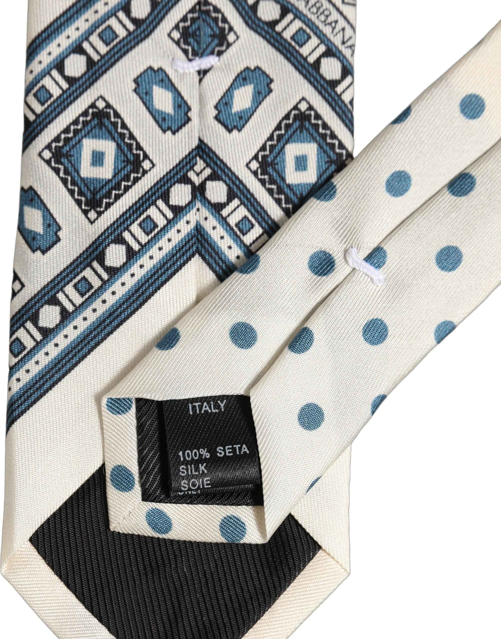 Dolce & Gabbana Men Off White Blue Geometric Adjustable Tied Necktie Tie