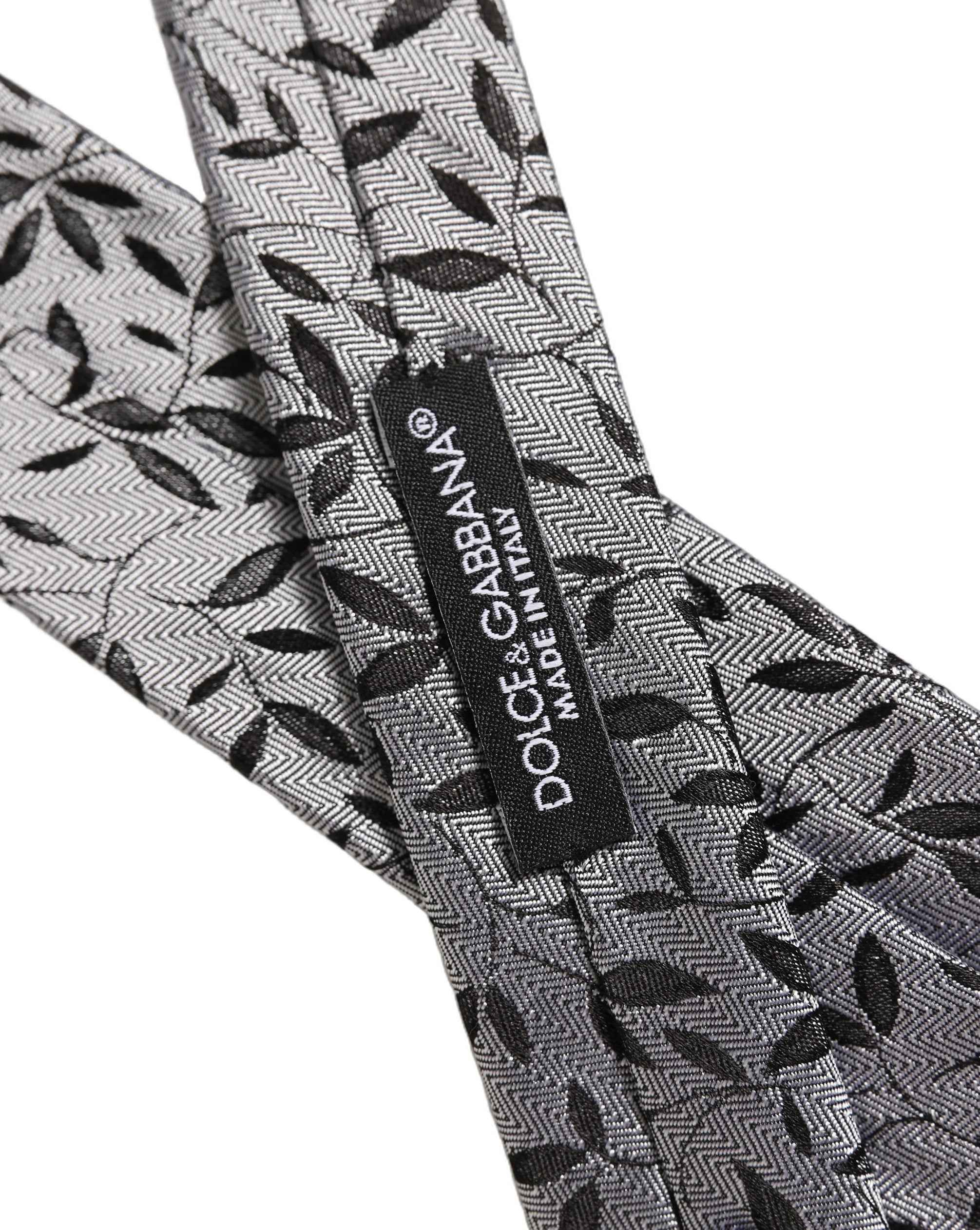 Dolce & Gabbana Men Gray Leaf Pattern Silk Adjustable Tied Necktie Tie