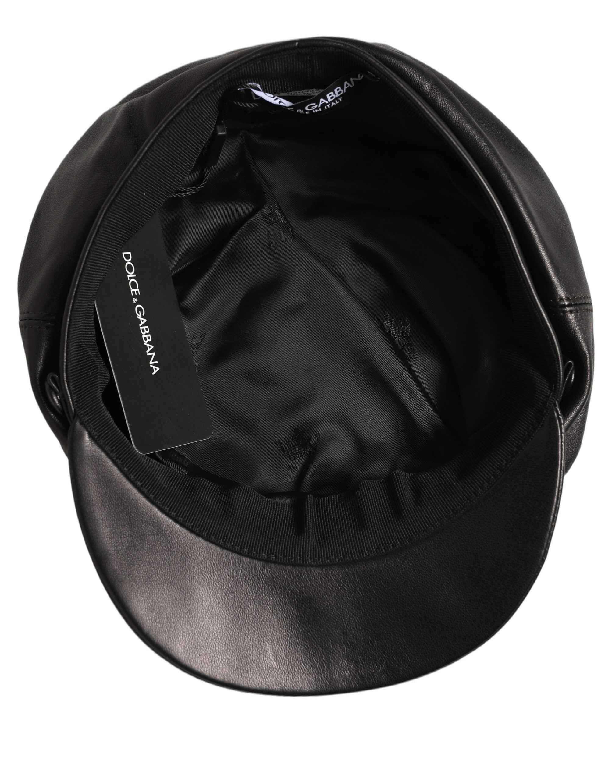 Dolce & Gabbana Black Lambskin Leather Newsboy Capello Hat