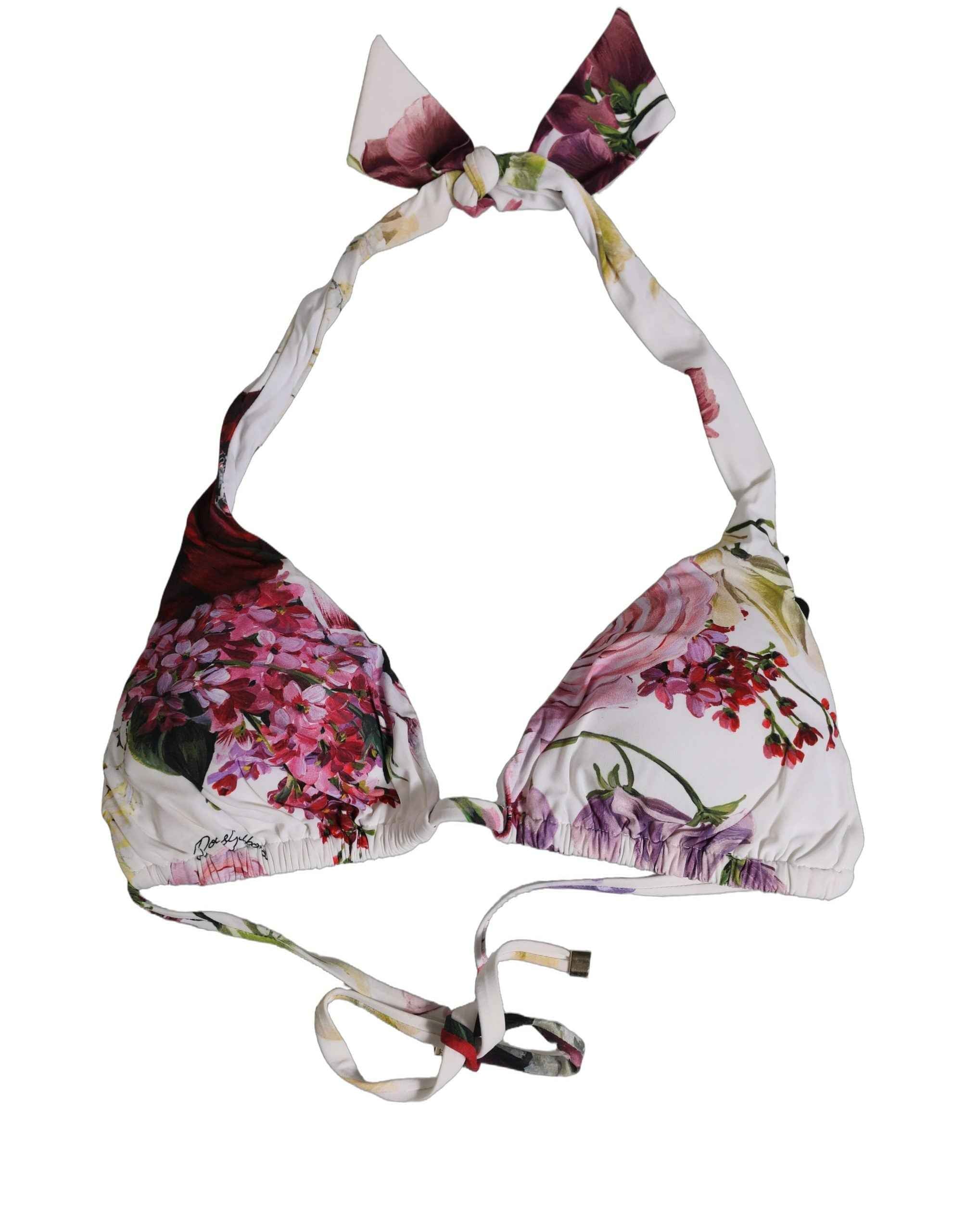 Dolce & Gabbana White Floral Print Triangle Beachwear Bikini Top