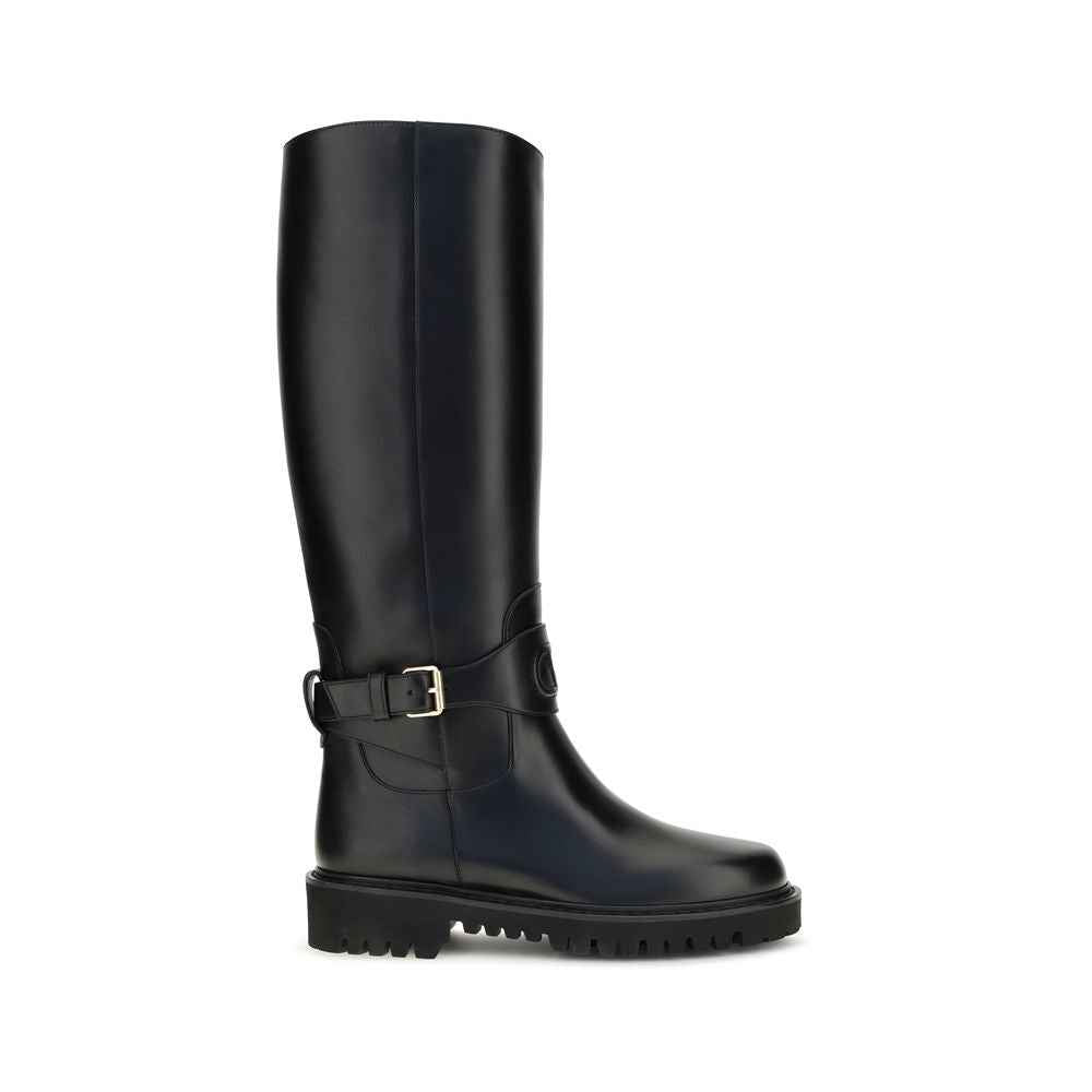 Valentino Garavani Black Calf Leather Bos Taurus Flat Boots