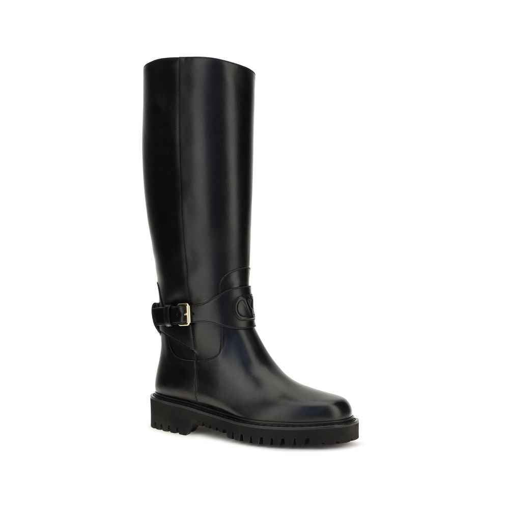Valentino Garavani Black Calf Leather Bos Taurus Flat Boots
