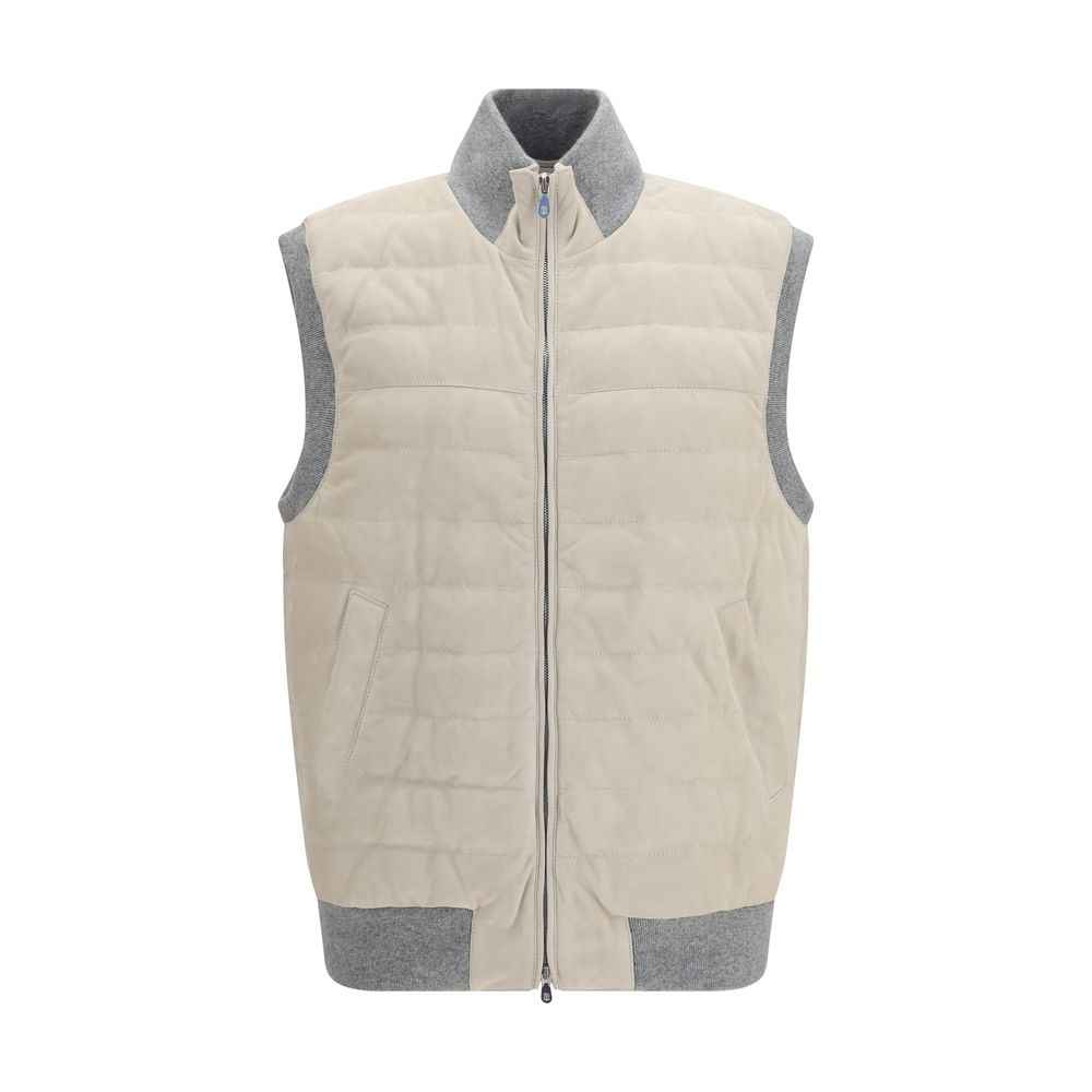 Brunello Cucinelli Beige Calf Leather Bos Taurus Sleeveless Jacket