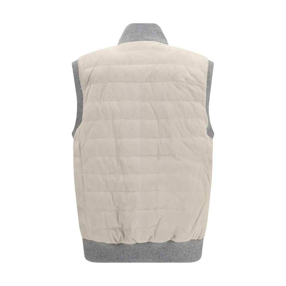 Brunello Cucinelli Beige Calf Leather Bos Taurus Sleeveless Jacket