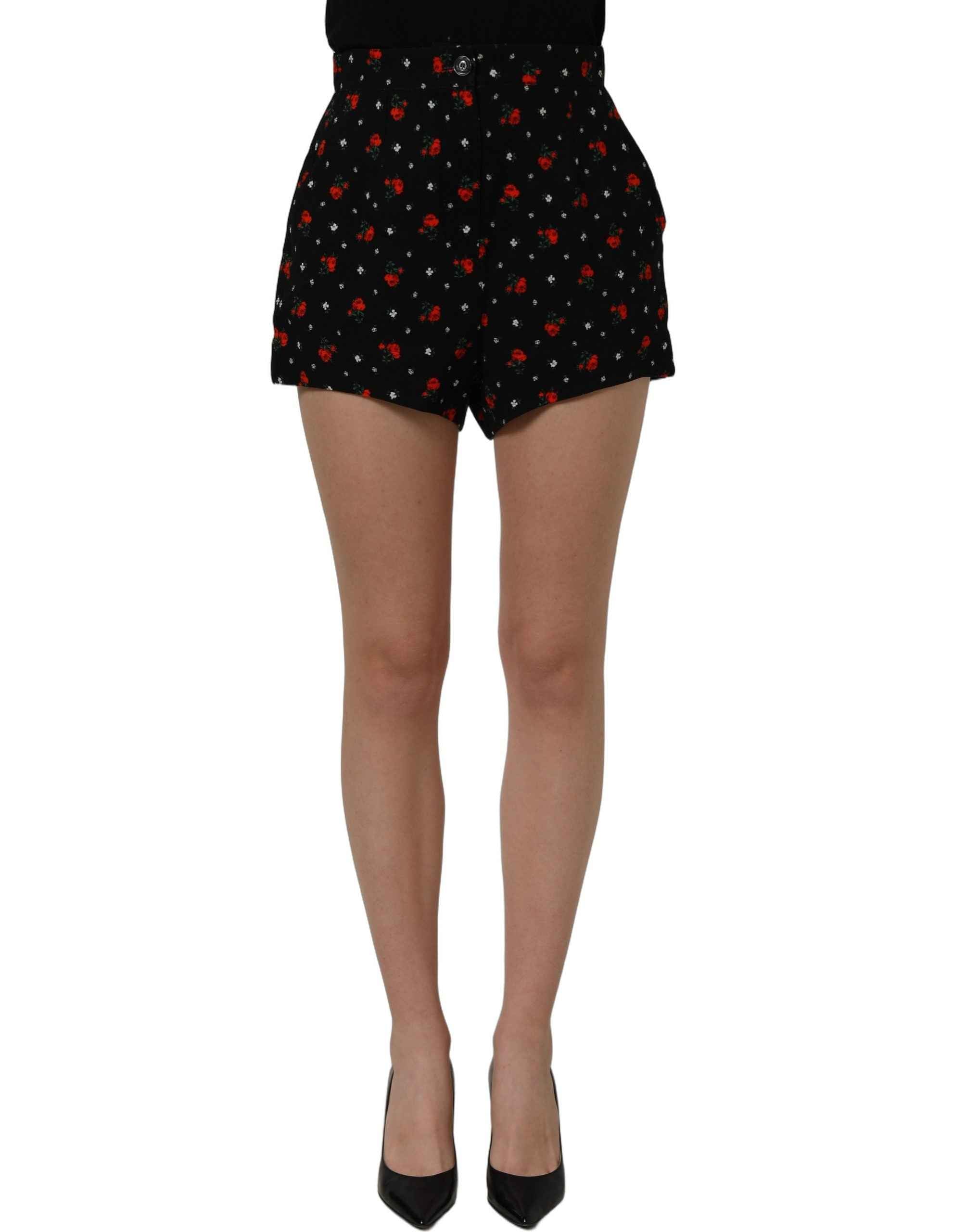 Dolce & Gabbana Black Floral High Rise Women Hot Pants Shorts