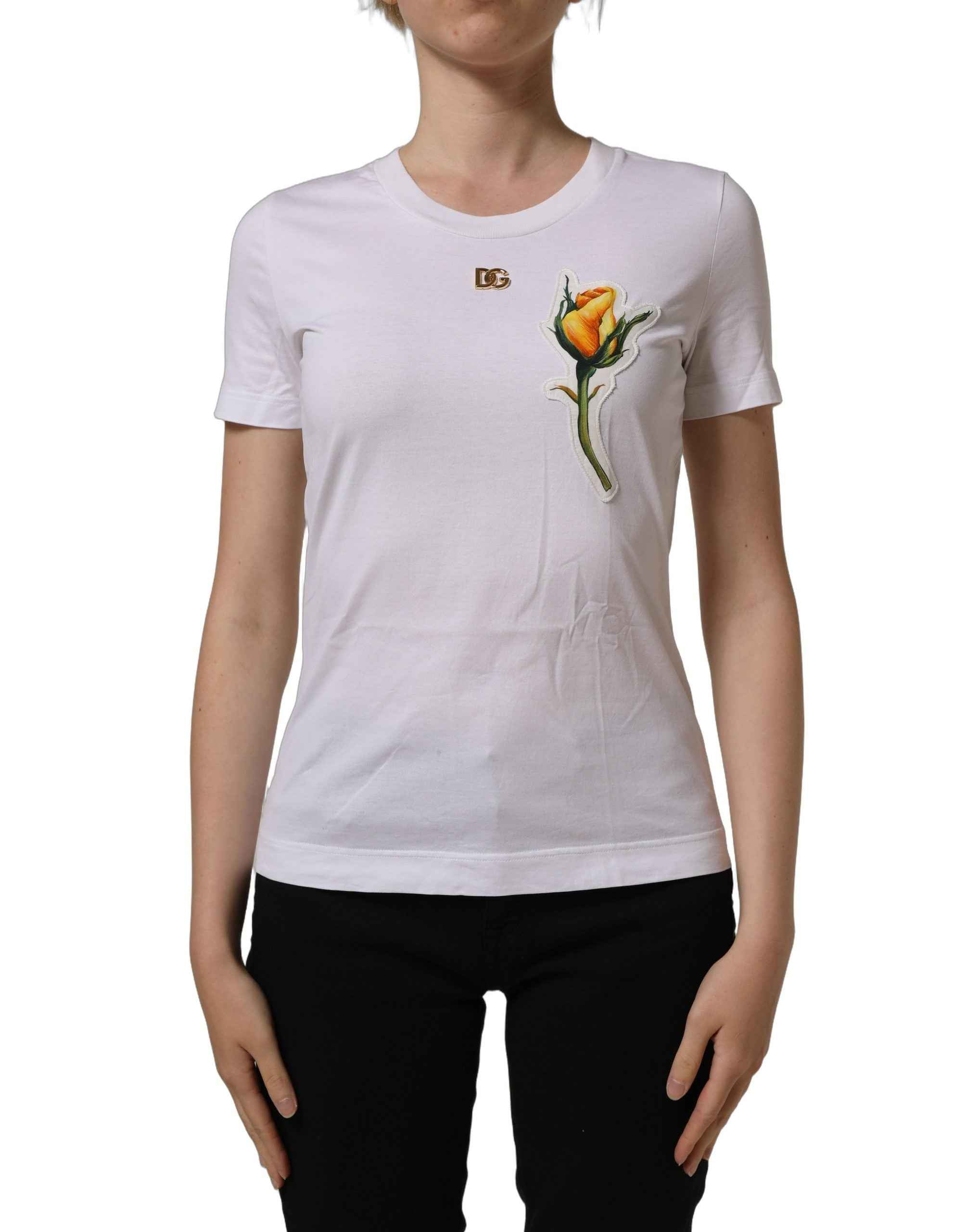 Dolce & Gabbana White Cotton Rose Patch Crew Neck T-shirt