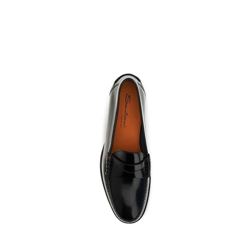 Santoni Black Calf Leather Bos Taurus Slip-On Loafers