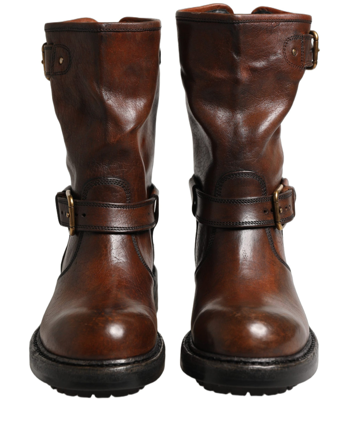 Dolce & Gabbana Brown Leather Mid Calf Biker Boots Shoes