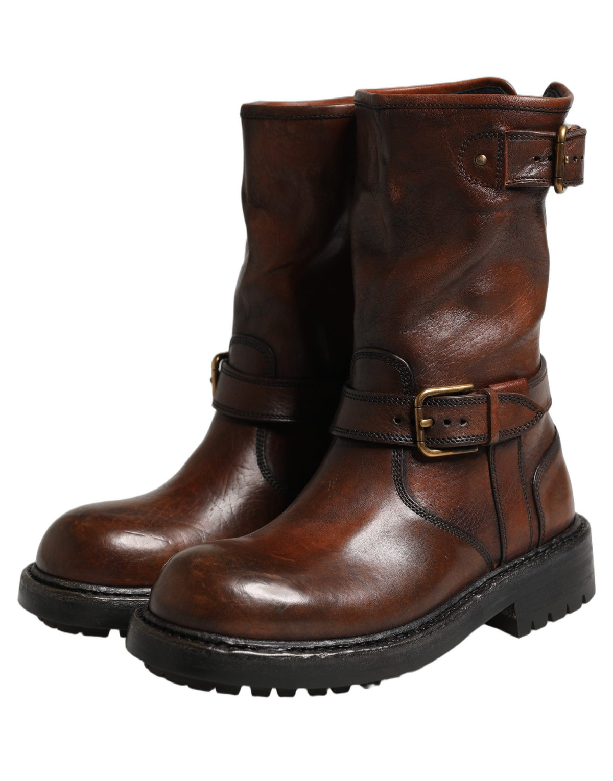 Dolce & Gabbana Brown Leather Mid Calf Biker Boots Shoes