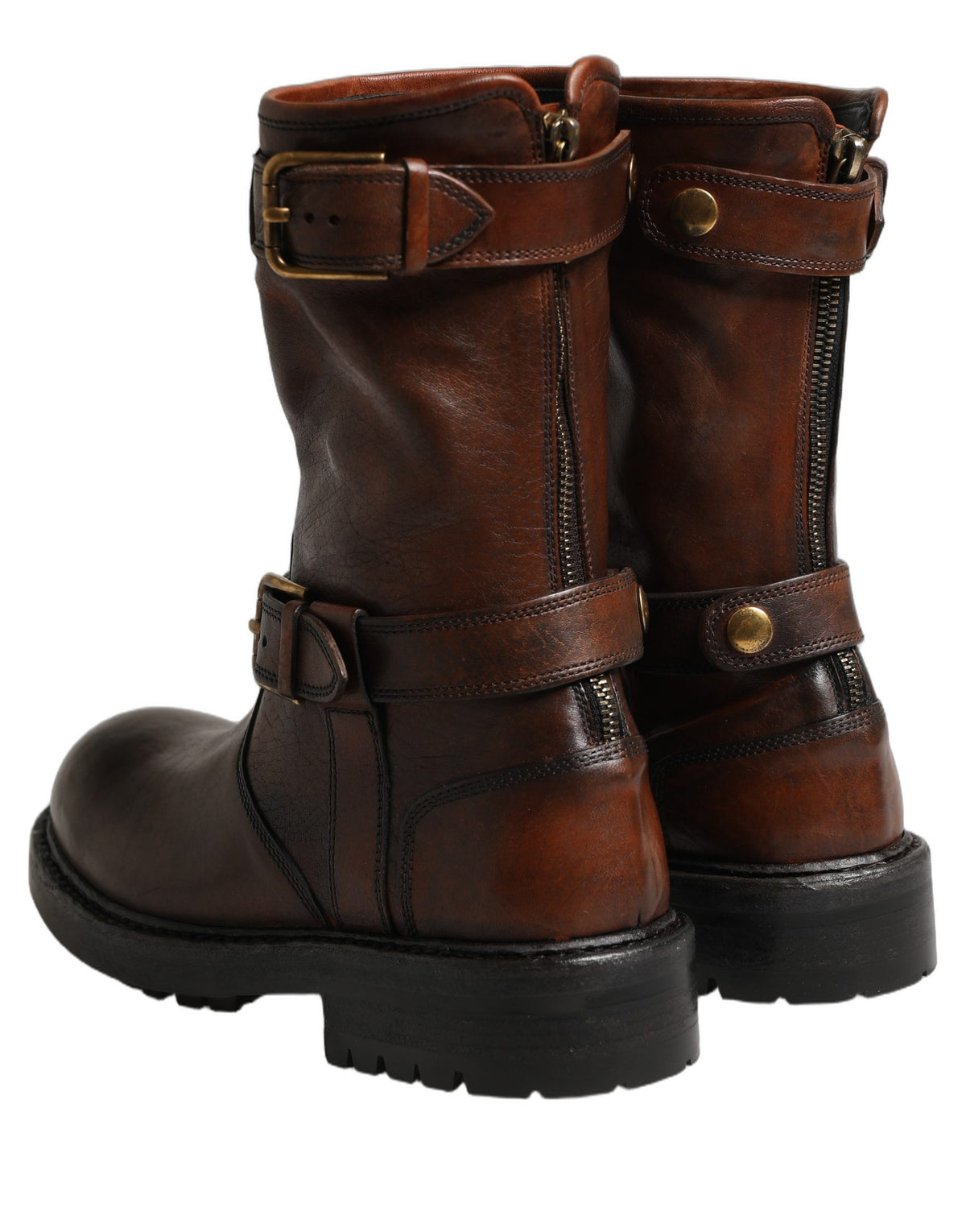 Dolce & Gabbana Brown Leather Mid Calf Biker Boots Shoes