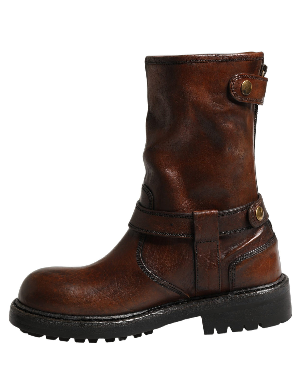 Dolce & Gabbana Brown Leather Mid Calf Biker Boots Shoes