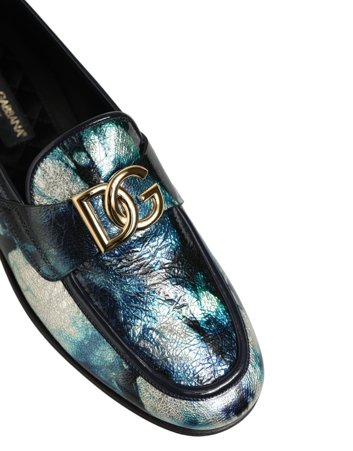 Dolce & Gabbana Metallic Blue Silver Leather DG Loafers Shoes