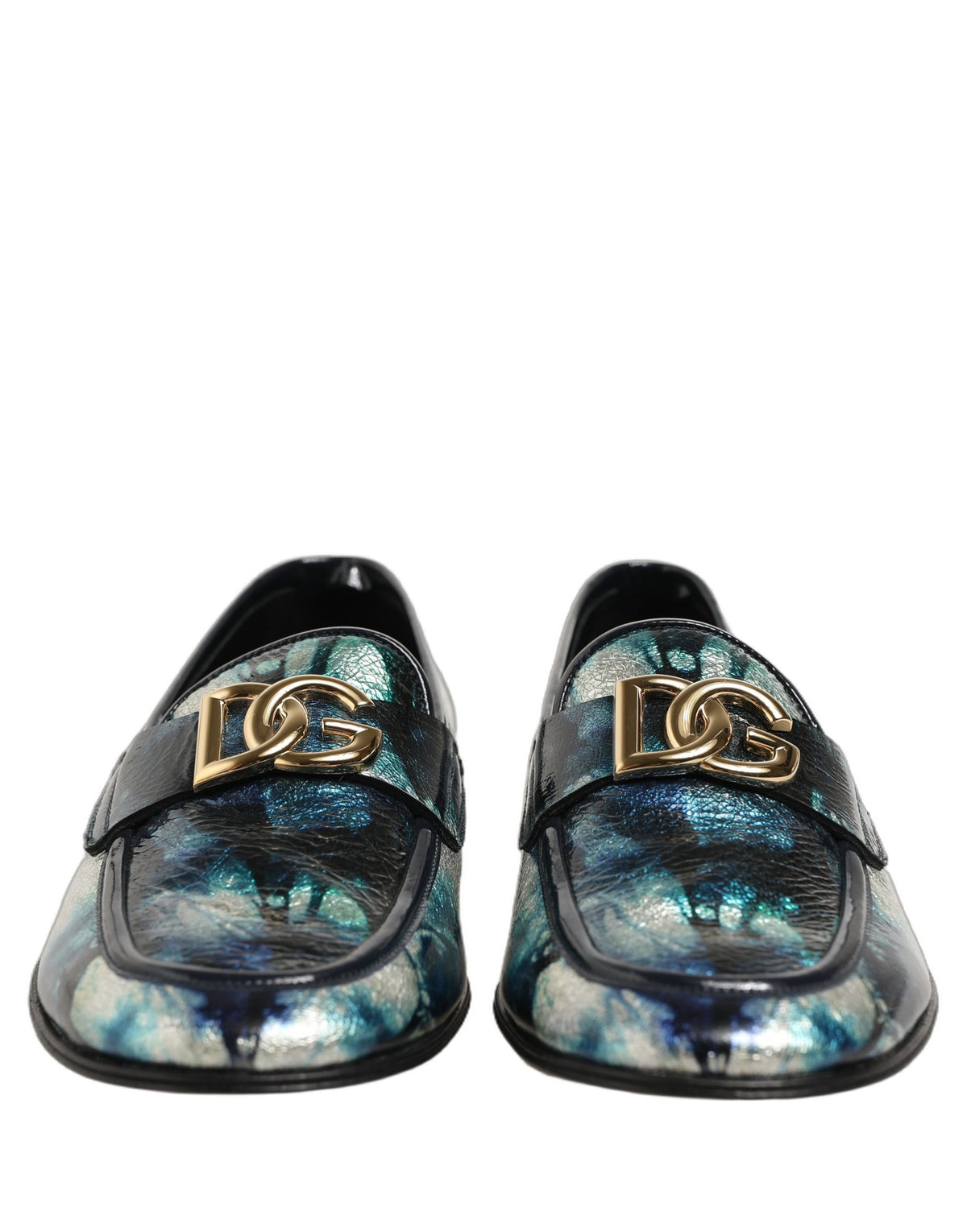Dolce & Gabbana Metallic Blue Silver Leather DG Loafers Shoes