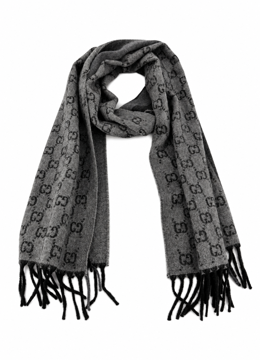 Gucci Monogram Grey Wool Scarf with Fringe