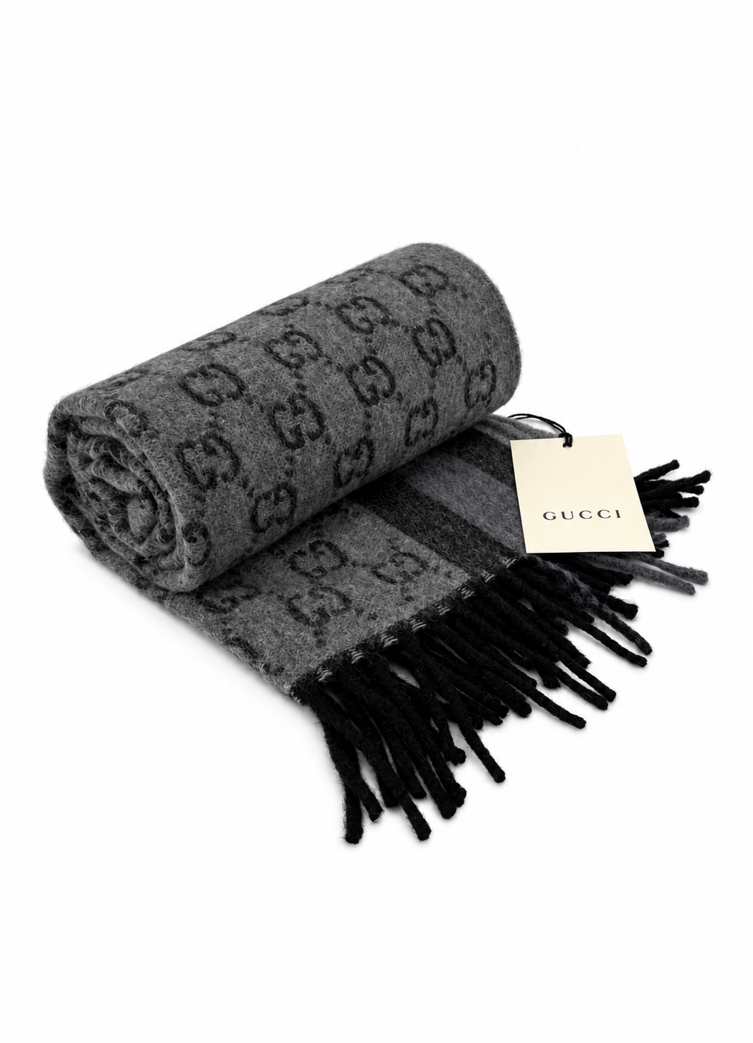 Gucci Monogram Grey Wool Scarf with Fringe