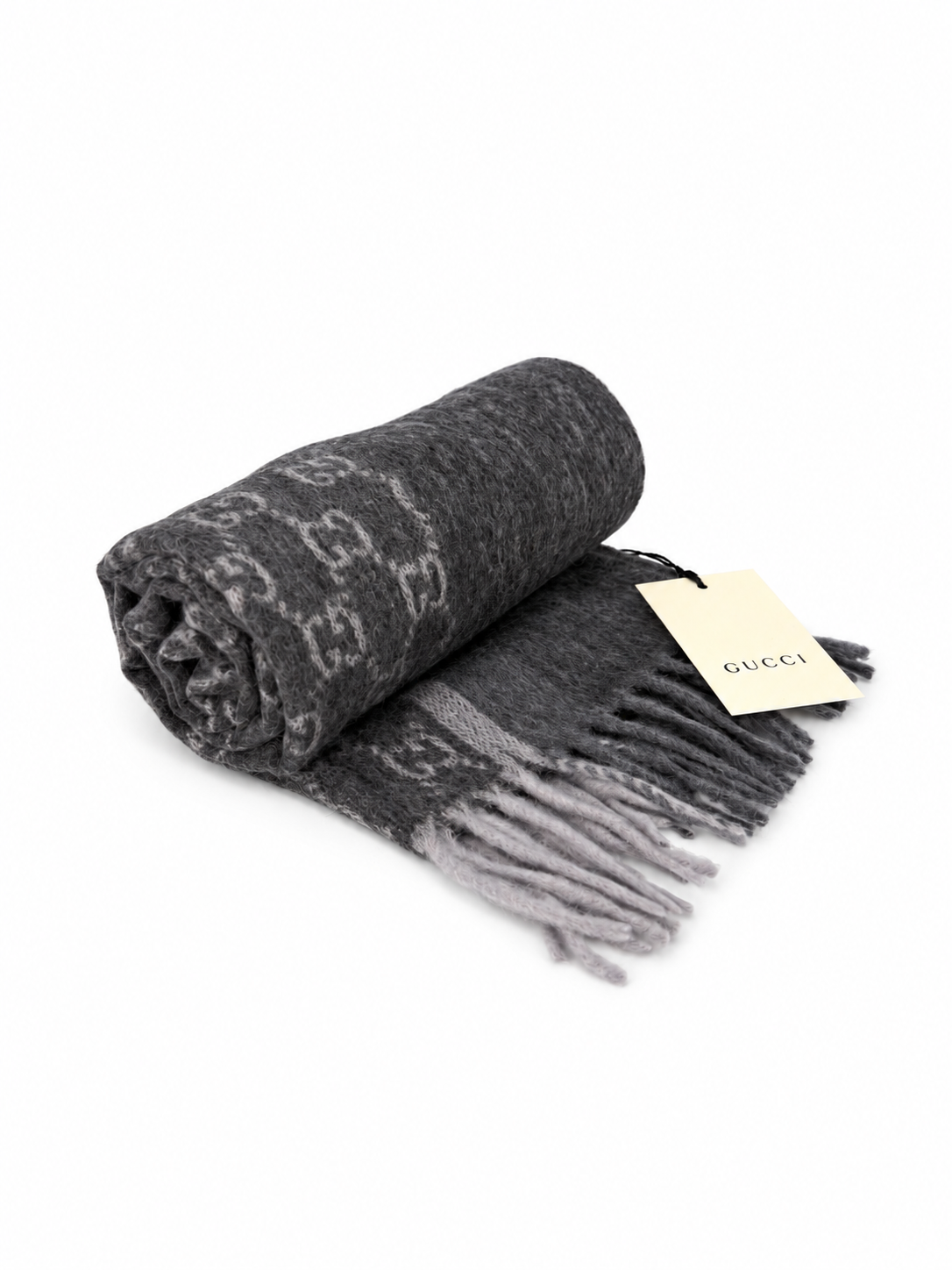 Gucci Monogram Charcoal Grey Cashmere & Wool Scarf with Fringe