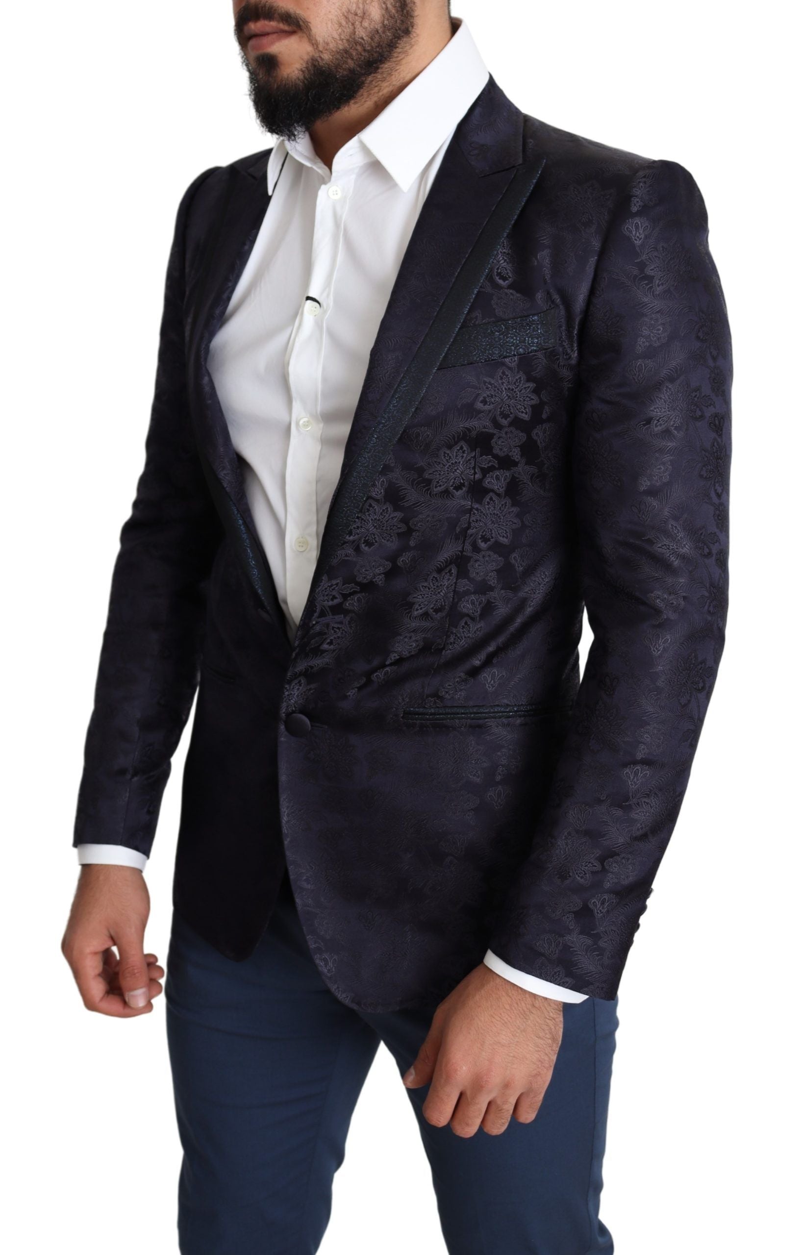 Dolce & Gabbana Blue Floral Jacquard Silk Coat MARTINI Blazer