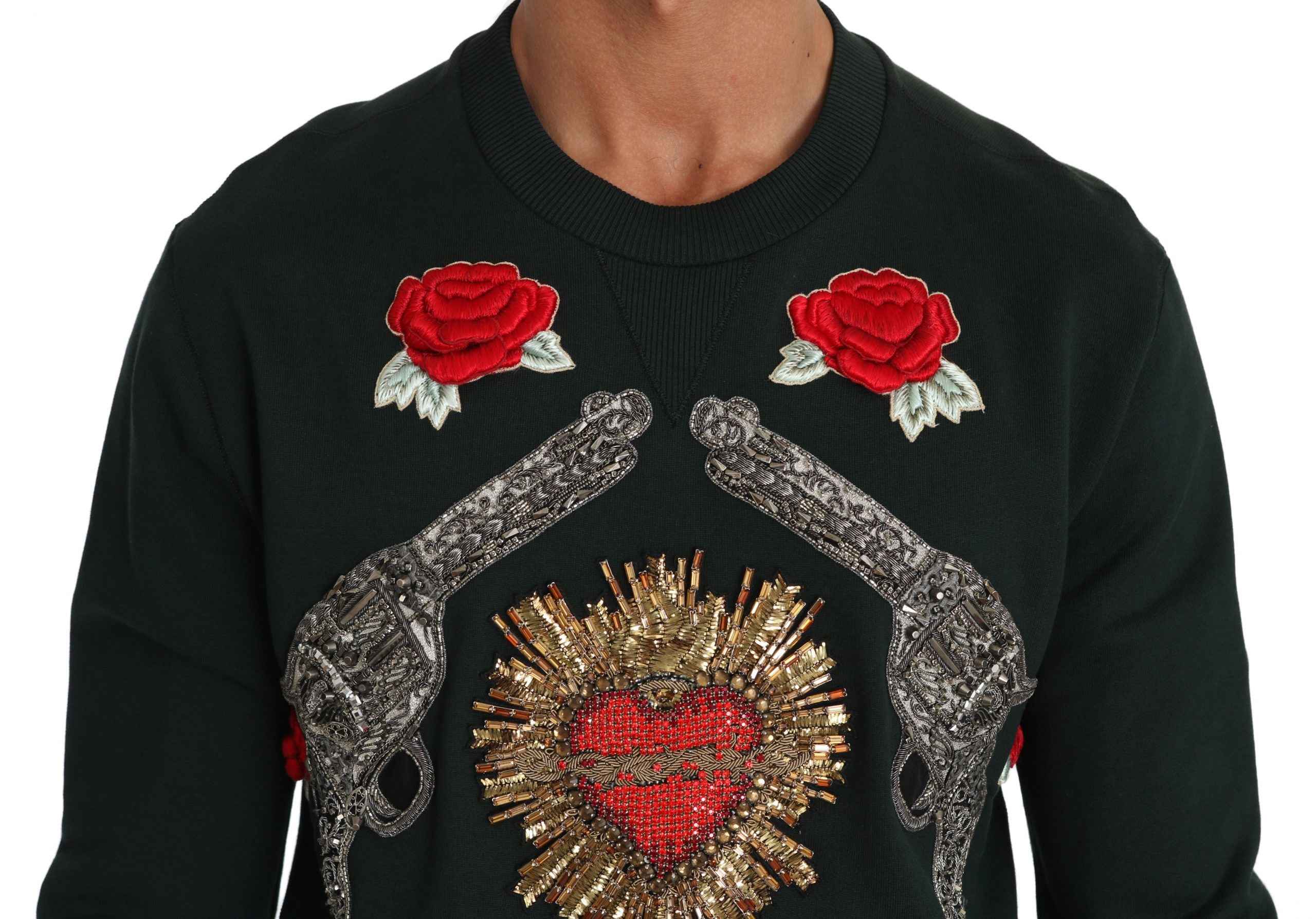 Dolce & Gabbana Green Crystal Heart Roses Gun Sweater