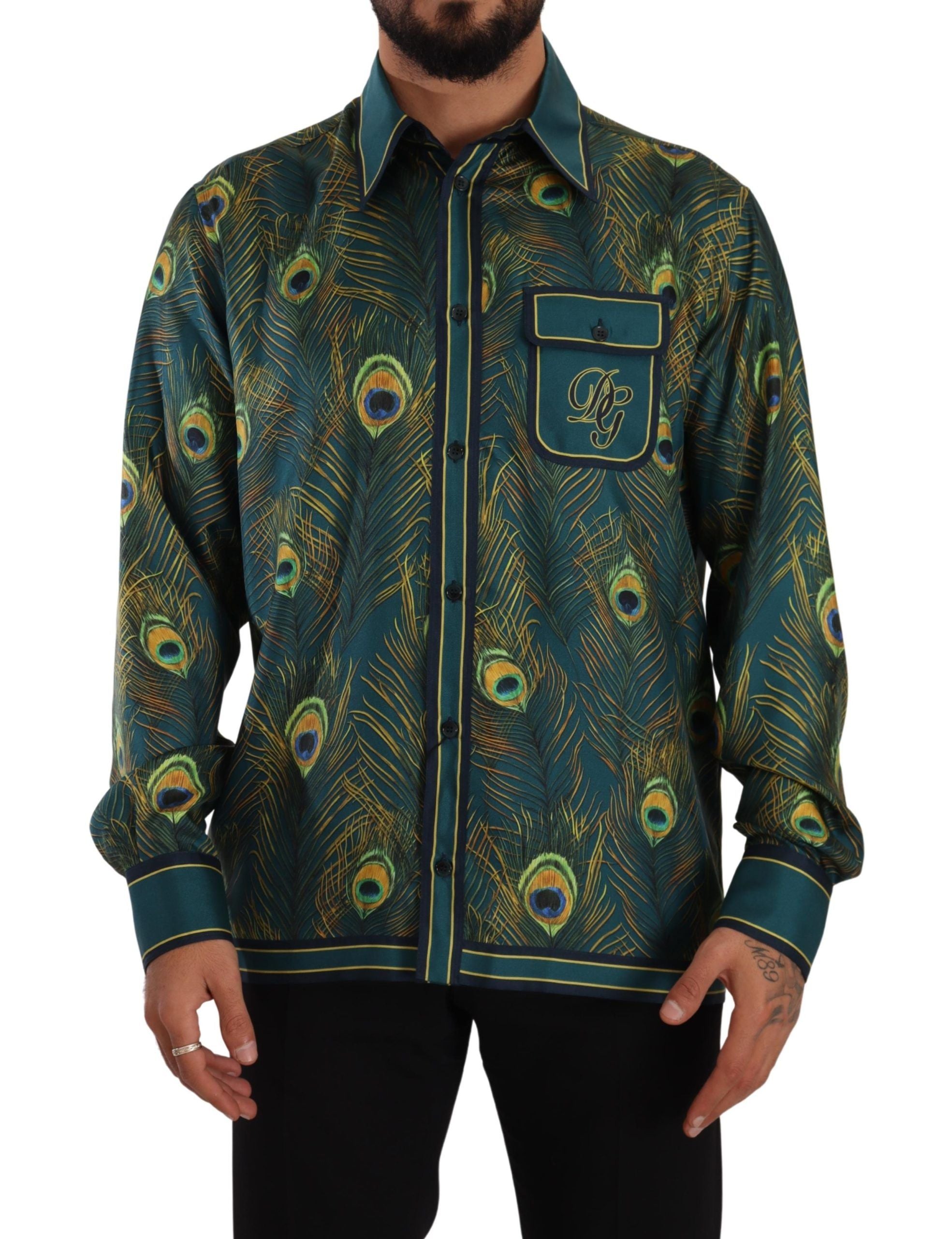 Dolce & Gabbana Peacock Feather Print Silk Pajama Mens Shirt