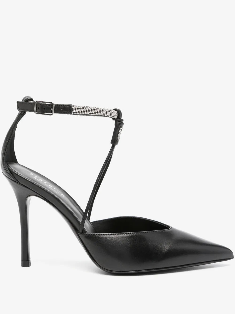 A black leather pointed-toe high heel pump with a thin ankle strap featuring a rhinestone-embellished section, shown from a side profile on a light gray background.