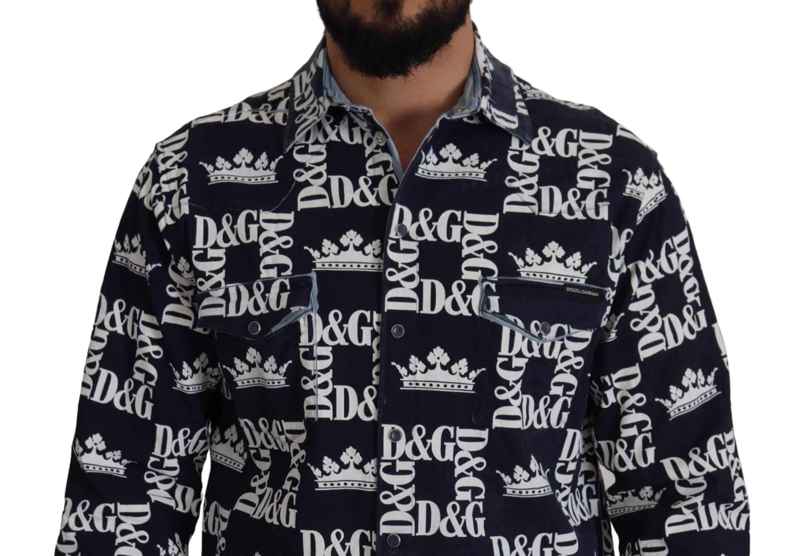 Dolce & Gabbana Blue Denim Stretch DG Crown Logo Casual Shirt