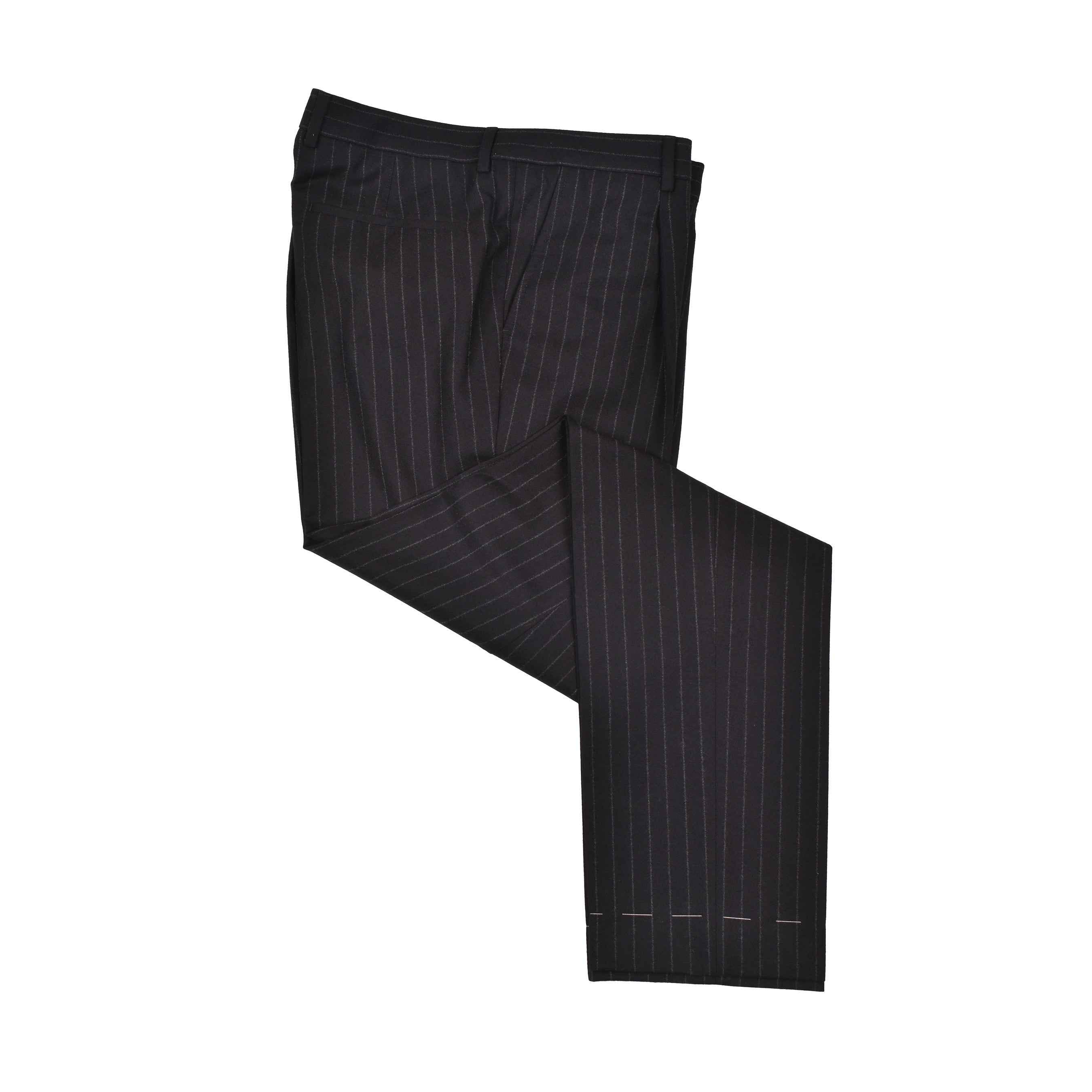 BRUNELLO CUCINELLI MEN'S BLACK VIRGIN WOOL PINSTRIPE TROUSERS