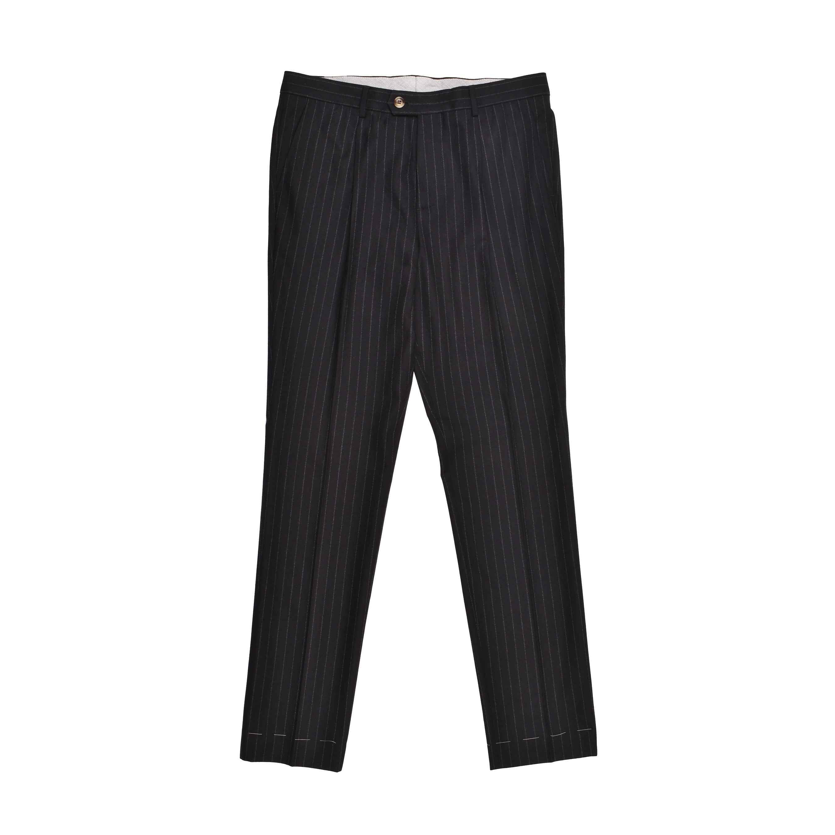 BRUNELLO CUCINELLI MEN'S BLACK VIRGIN WOOL PINSTRIPE TROUSERS