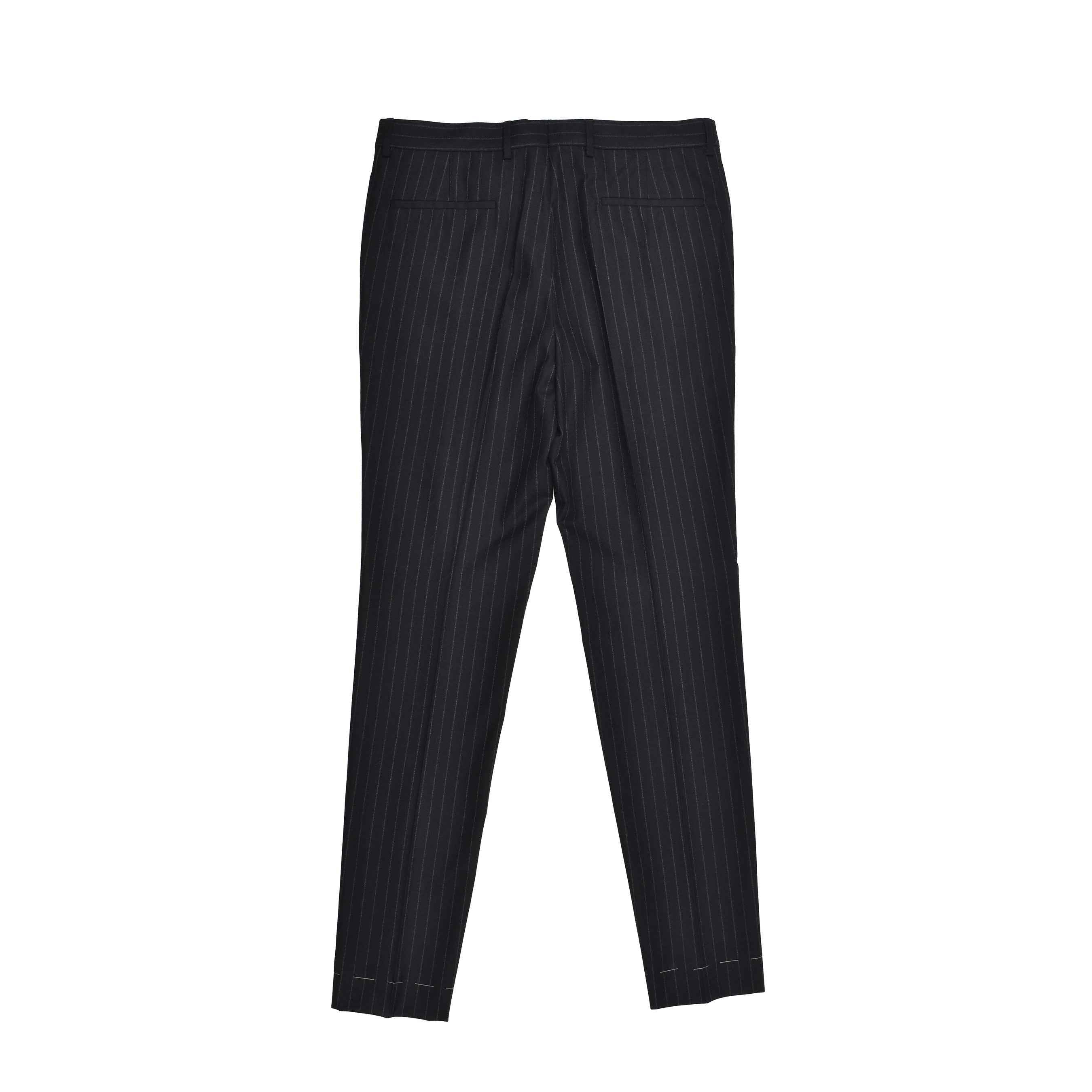 BRUNELLO CUCINELLI MEN'S BLACK VIRGIN WOOL PINSTRIPE TROUSERS