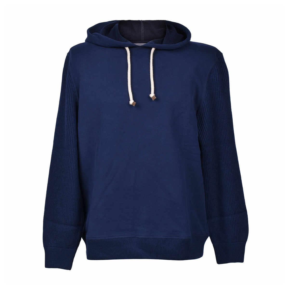 BRUNELLO CUCINELLI MEN'S NAVY COTTON TWO TONE HOODIE SWEATER
