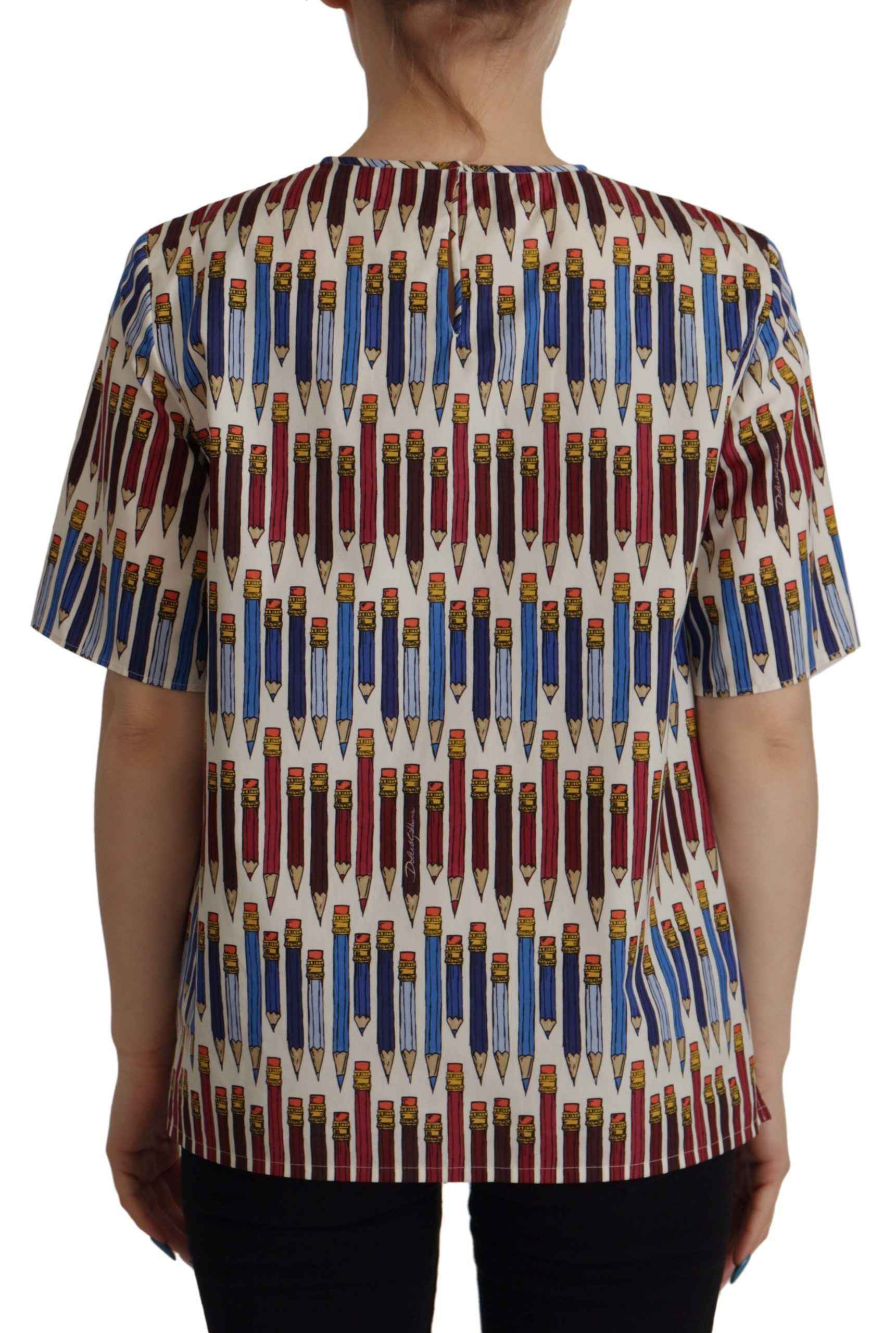 Dolce & Gabbana White Pencil Print Cotton T-shirt Blouse