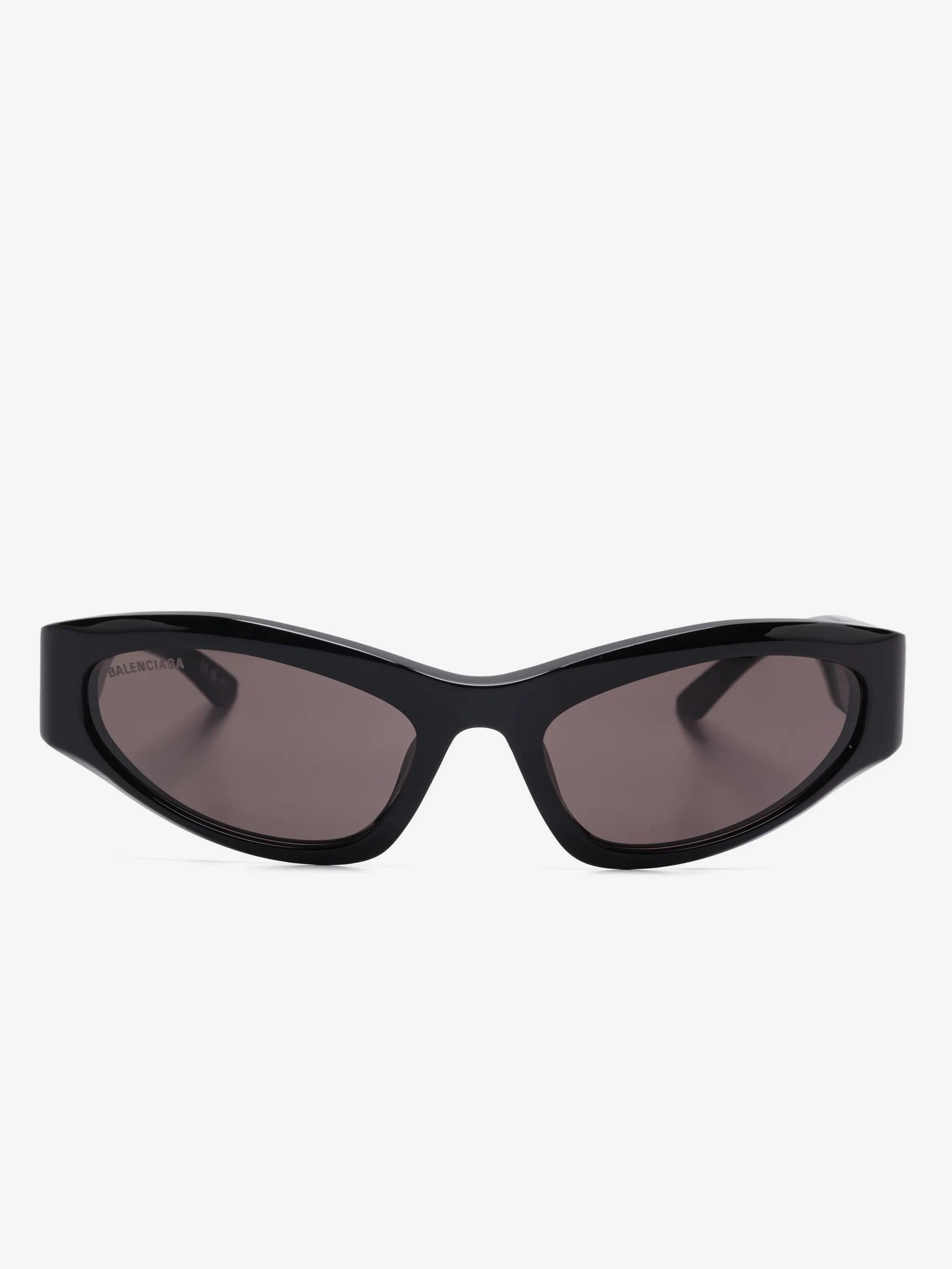 Black cat-eye sunglasses with dark lenses on a white background