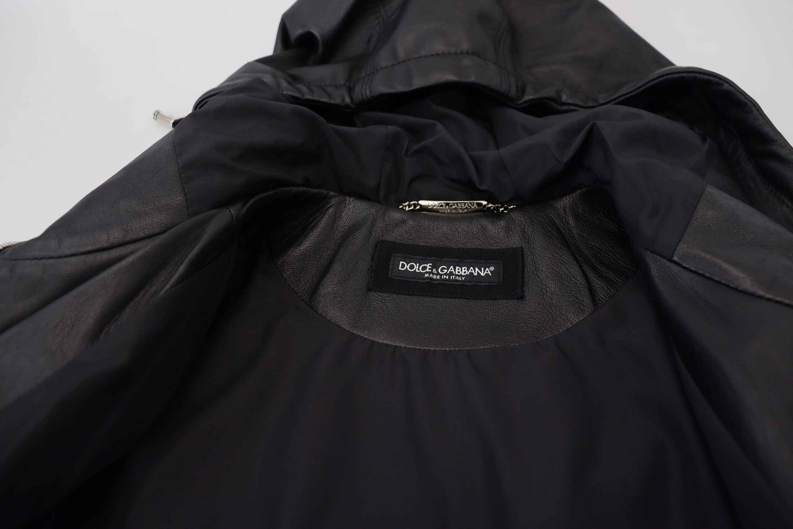 Dolce & Gabbana Black Leather Hooded Blouson Coat Jacket